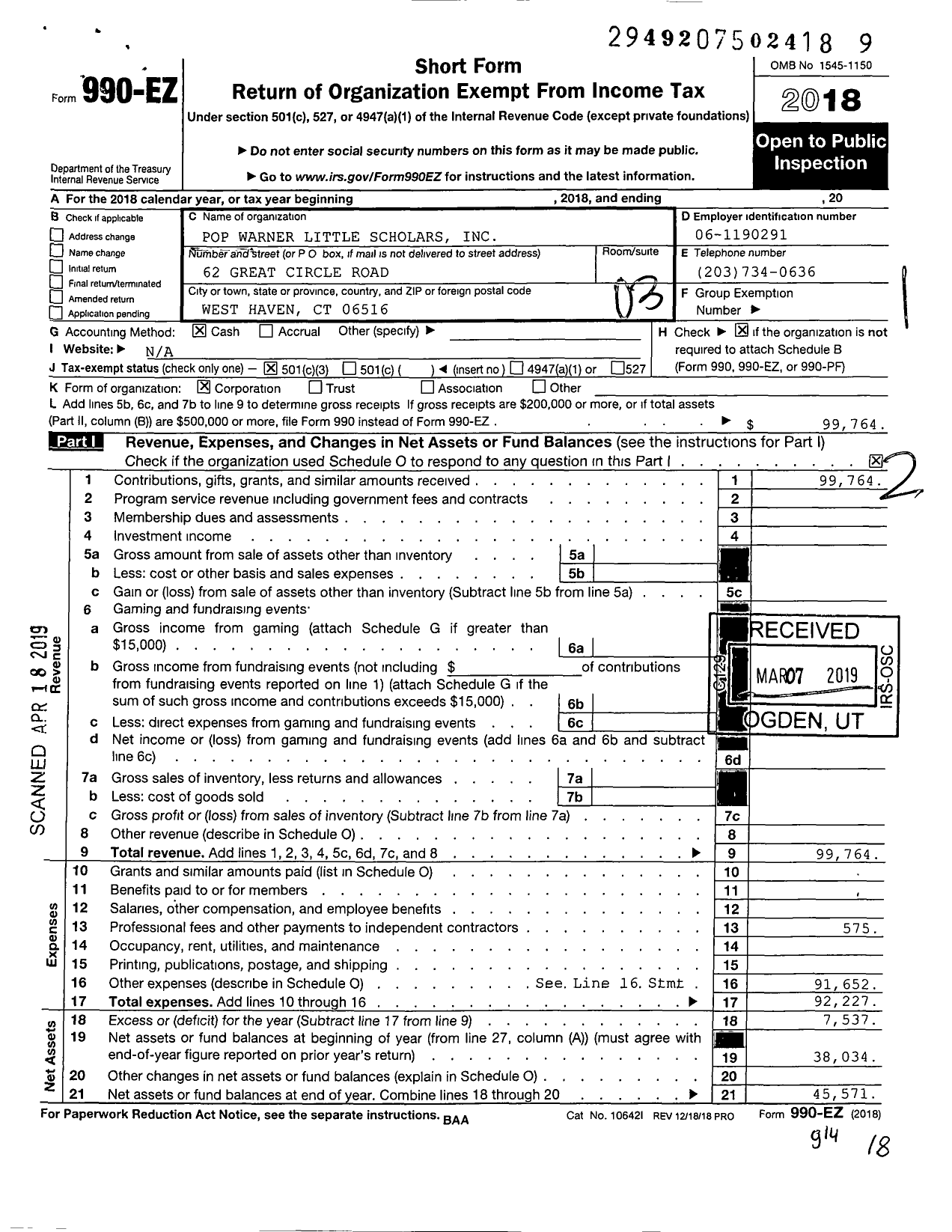 Image of first page of 2018 Form 990EZ for Pop Warner Little Scholars / Southern Connecticut Pop Warner