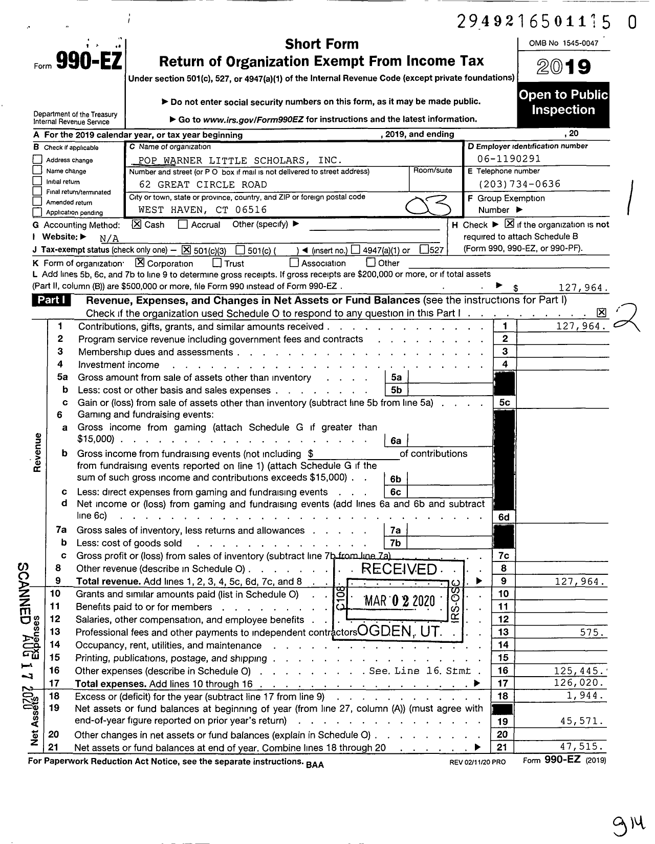 Image of first page of 2019 Form 990EZ for Pop Warner Little Scholars / Southern Connecticut Pop Warner