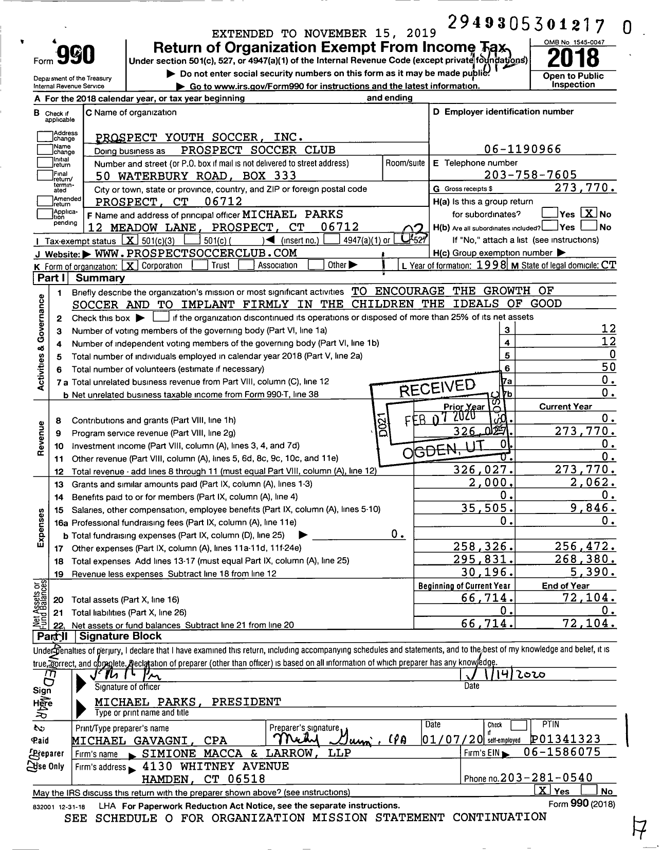 Image of first page of 2018 Form 990 for Prospect Soccer Club