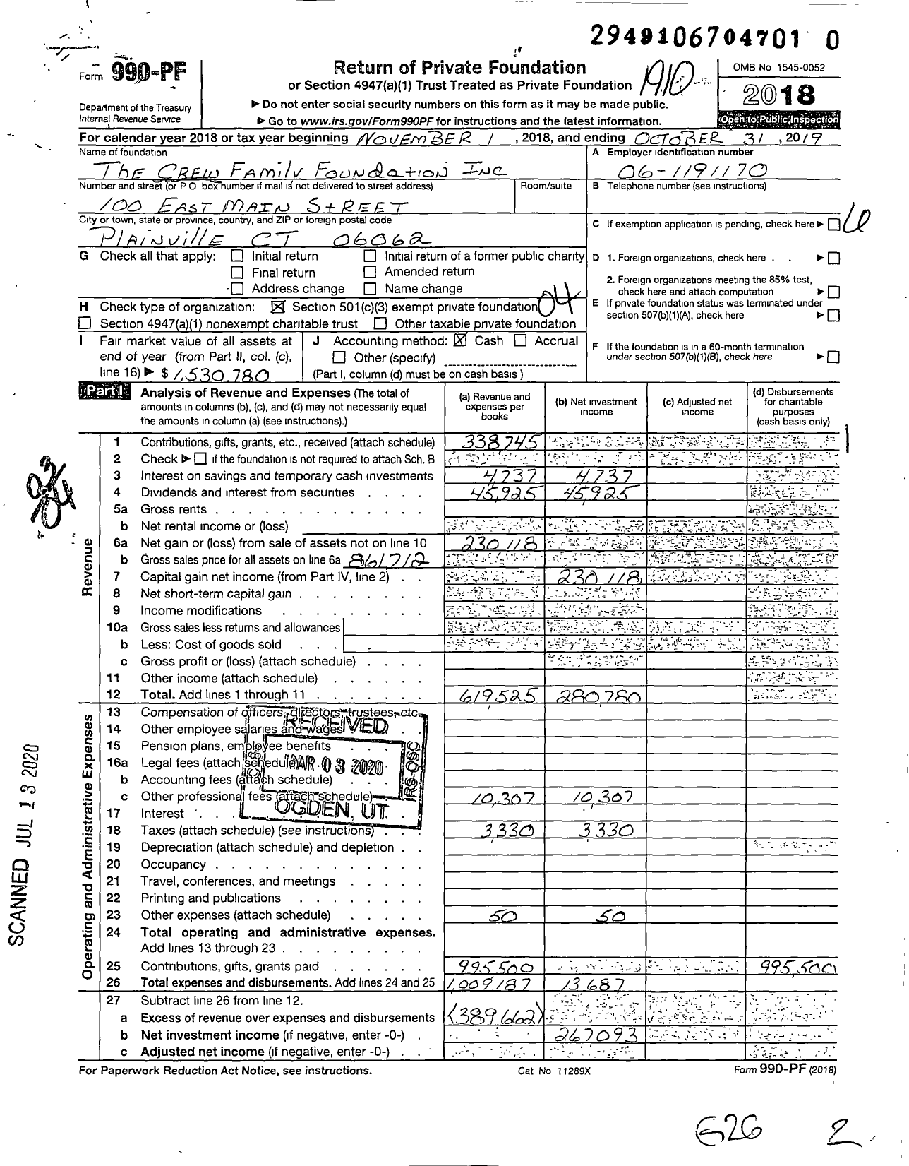 Image of first page of 2018 Form 990PR for The Crew Family Foundation