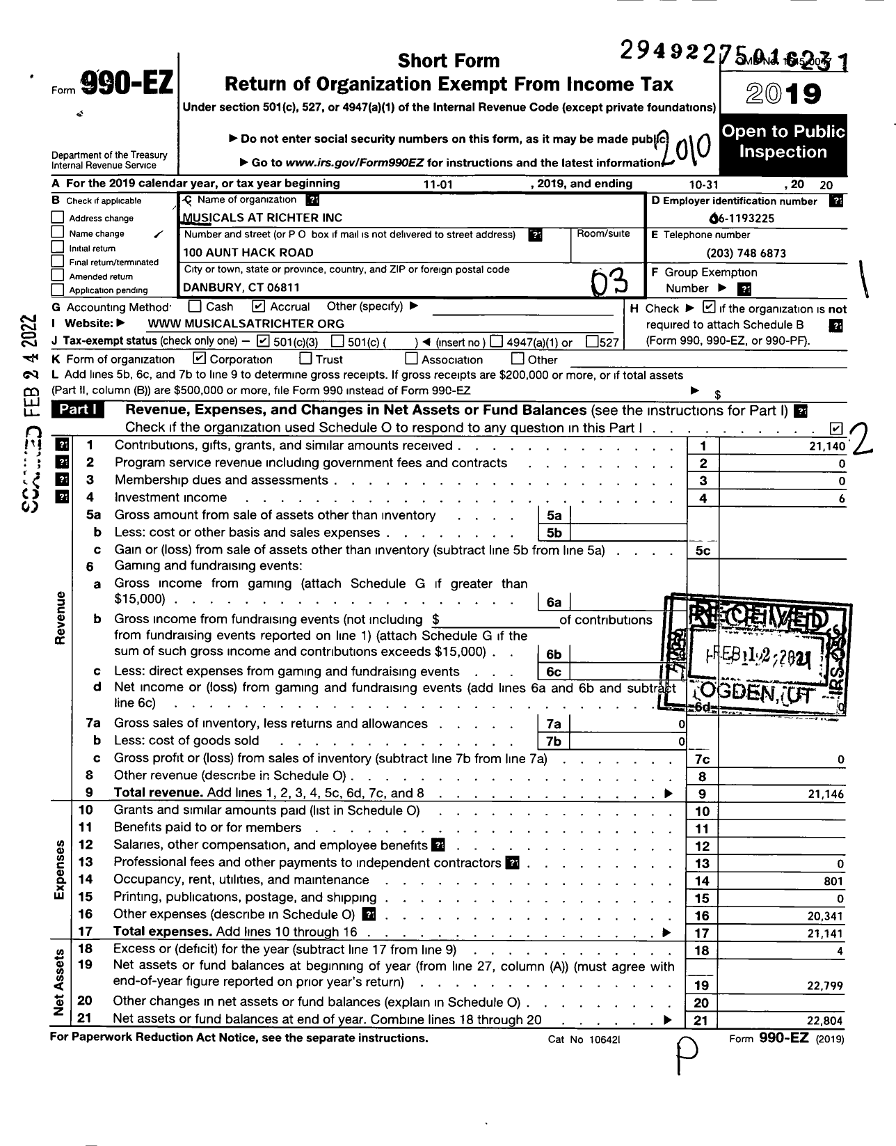 Image of first page of 2019 Form 990EZ for Musicals at Richter