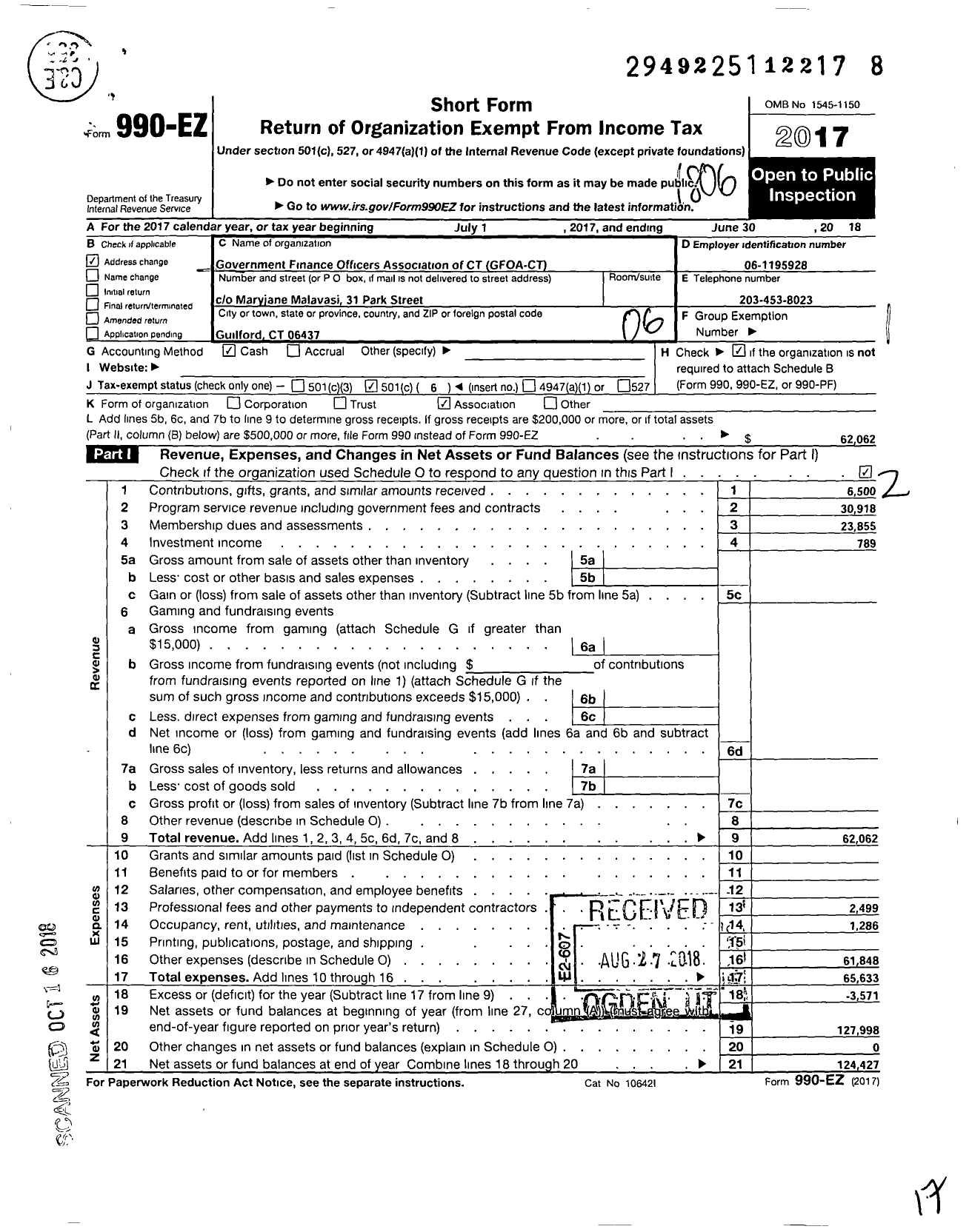 Image of first page of 2017 Form 990EO for Government Finance Officers Association of Connecticut