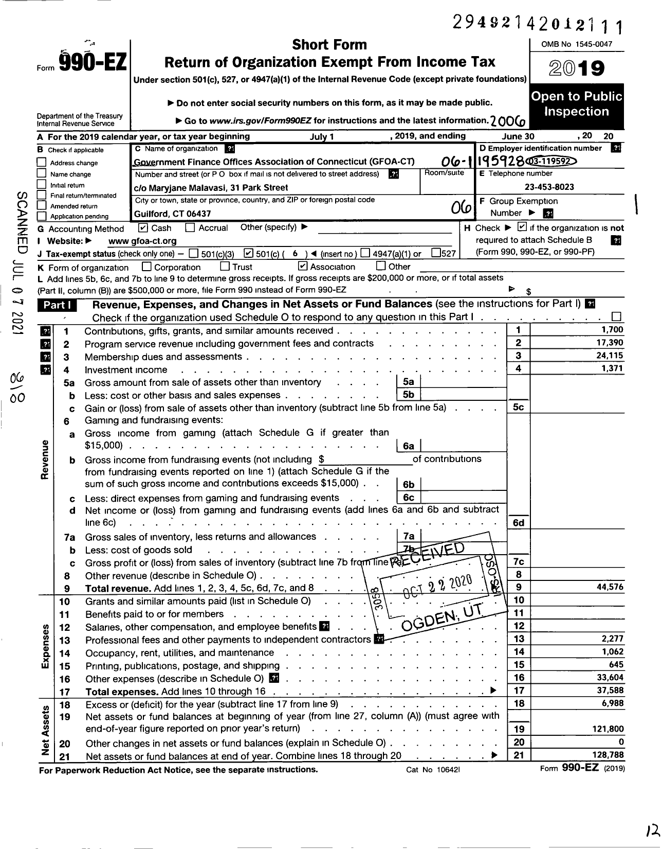 Image of first page of 2019 Form 990EO for Government Finance Officers Association of Connecticut