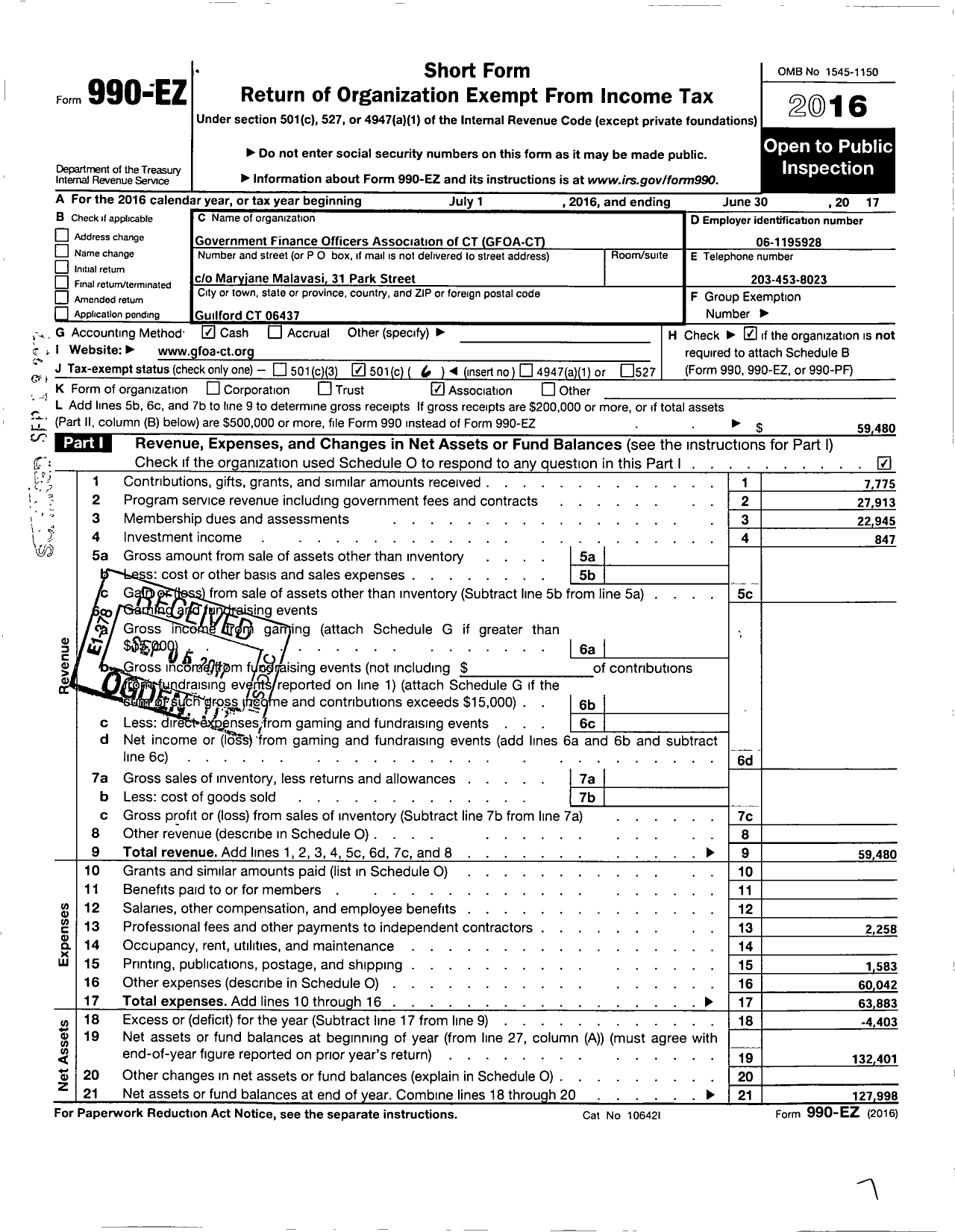 Image of first page of 2016 Form 990EO for Government Finance Officers Association of Connecticut