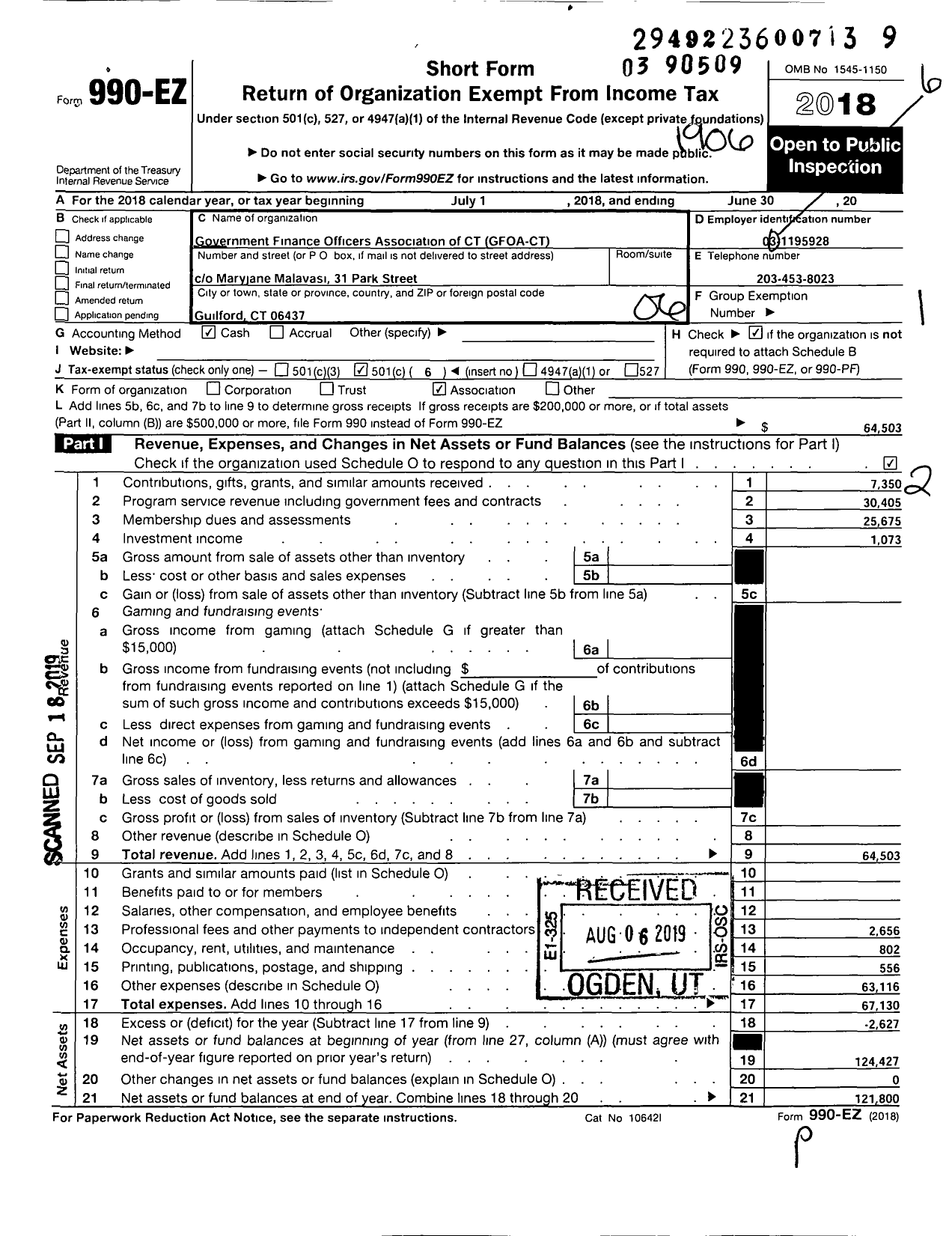 Image of first page of 2018 Form 990EO for Government Finance Officers Association of Connecticut