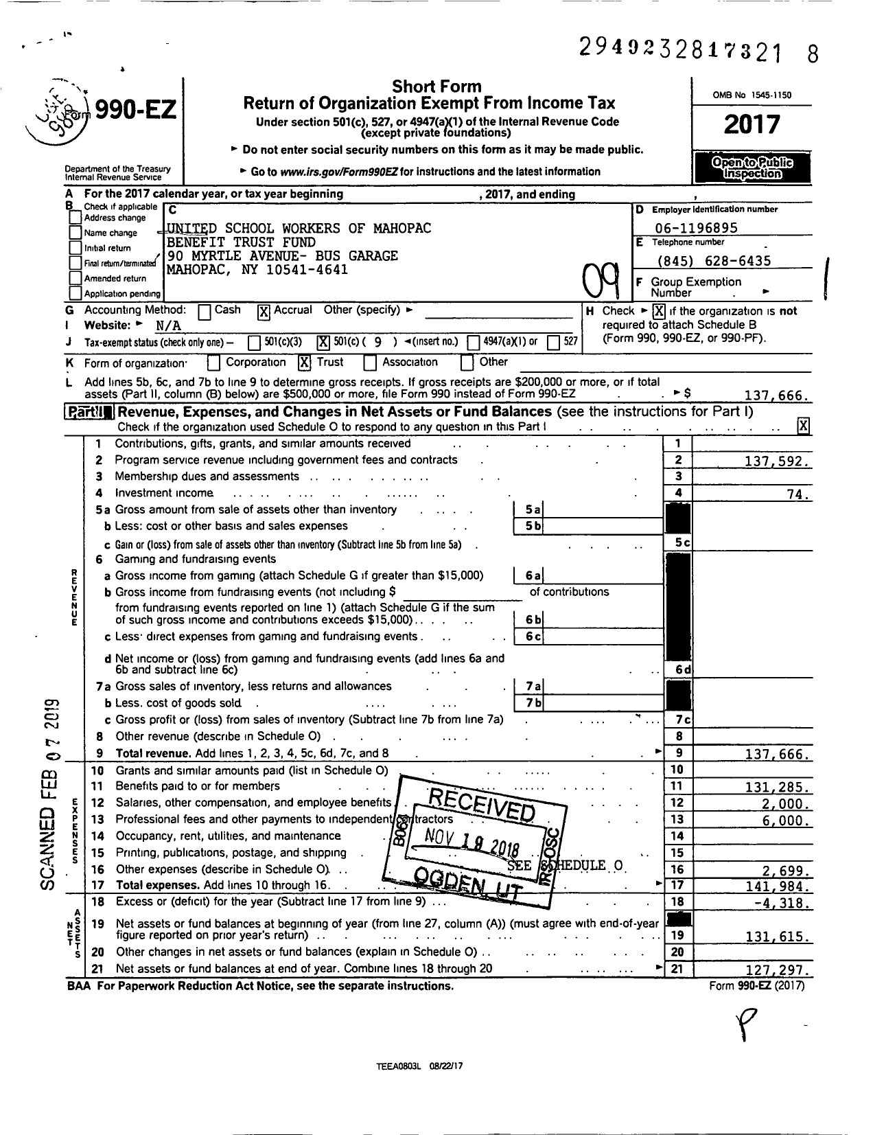 Image of first page of 2017 Form 990EO for American Federation of Teachers - 3995 United School Workers of Mahop