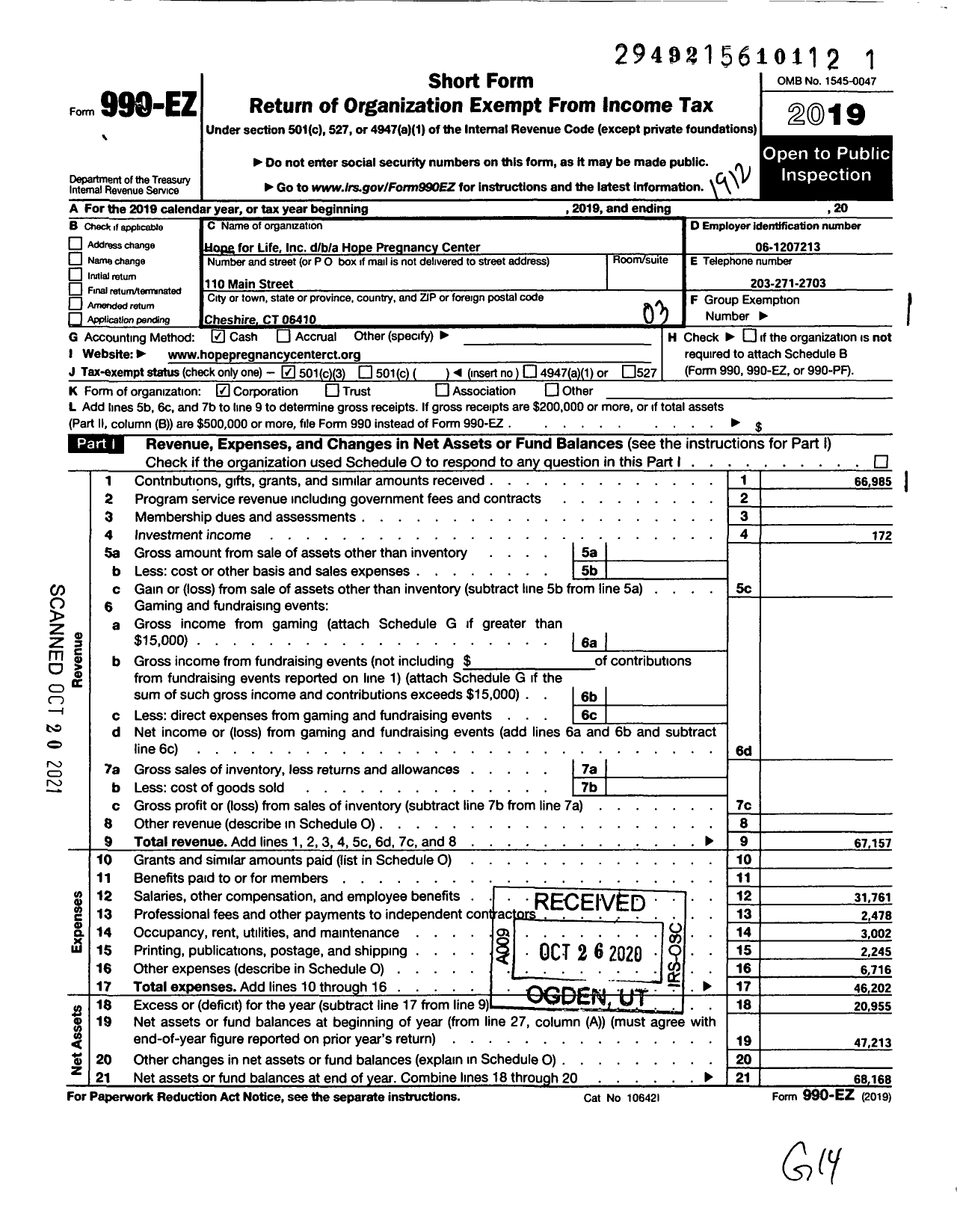 Image of first page of 2019 Form 990EZ for Hope for Life / Hope Pregnancy Center