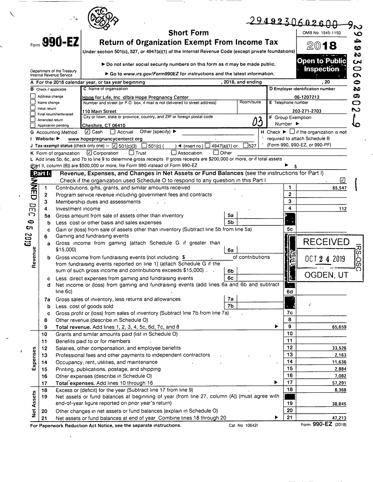 Image of first page of 2018 Form 990EZ for Hope for Life / Hope Pregnancy Center