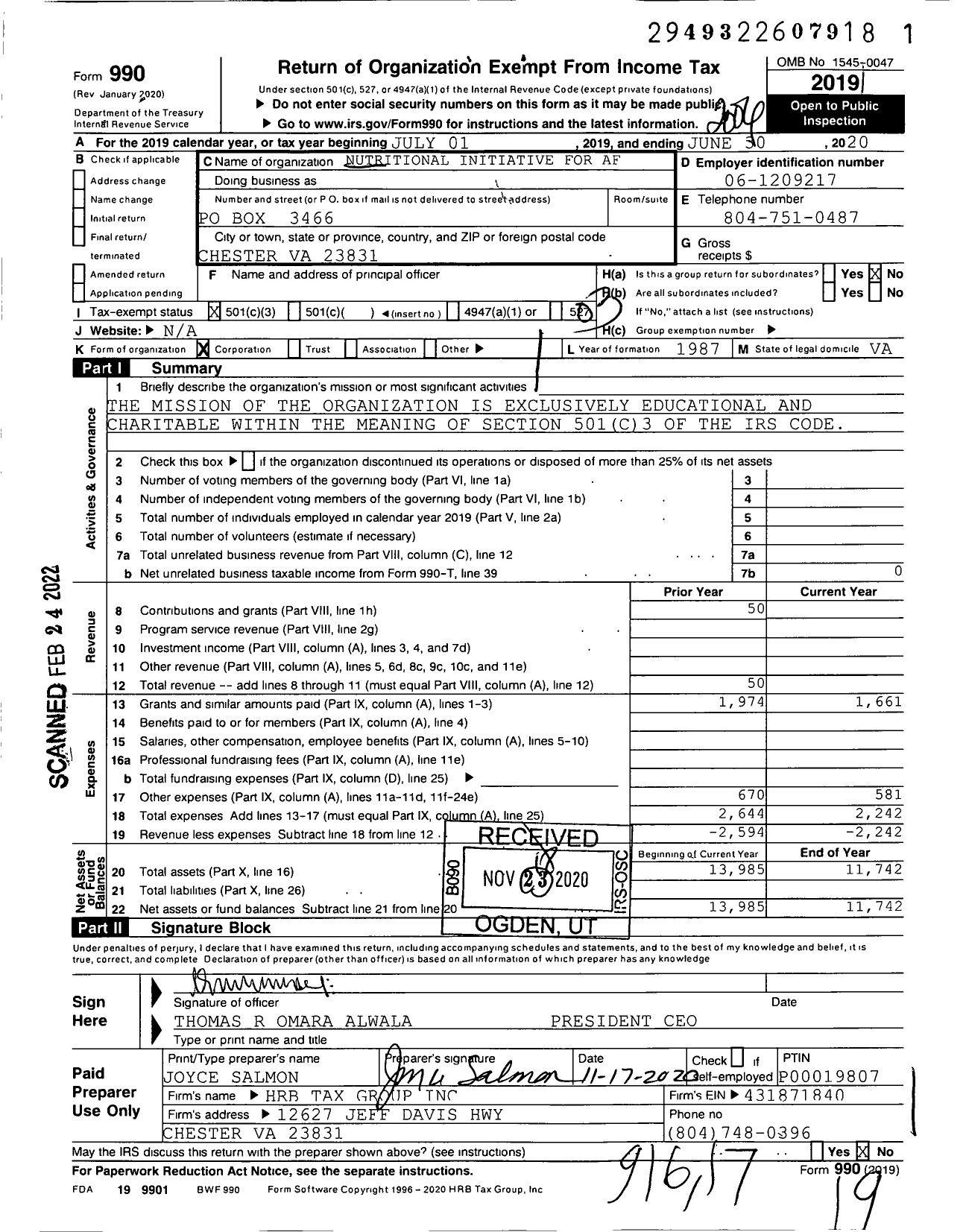 Image of first page of 2019 Form 990 for Nutritional Initiative for Africa