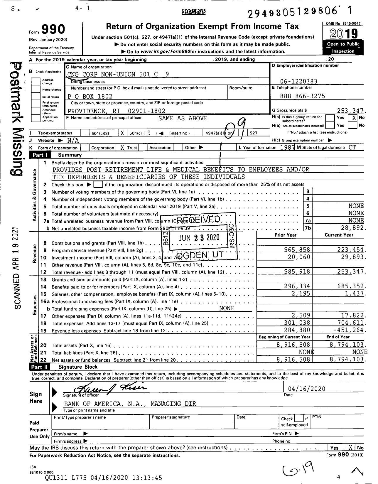 Image of first page of 2019 Form 990O for Connecticut Natural Gas Corporation Post Retirement Medical Plan Trust for Non-Union