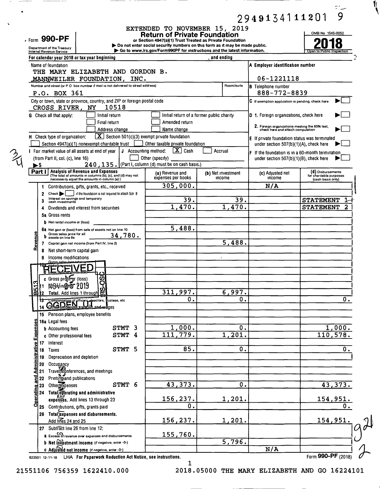 Image of first page of 2018 Form 990PF for The Mary Elizabeth and Gordon B Mannweiler Foundation