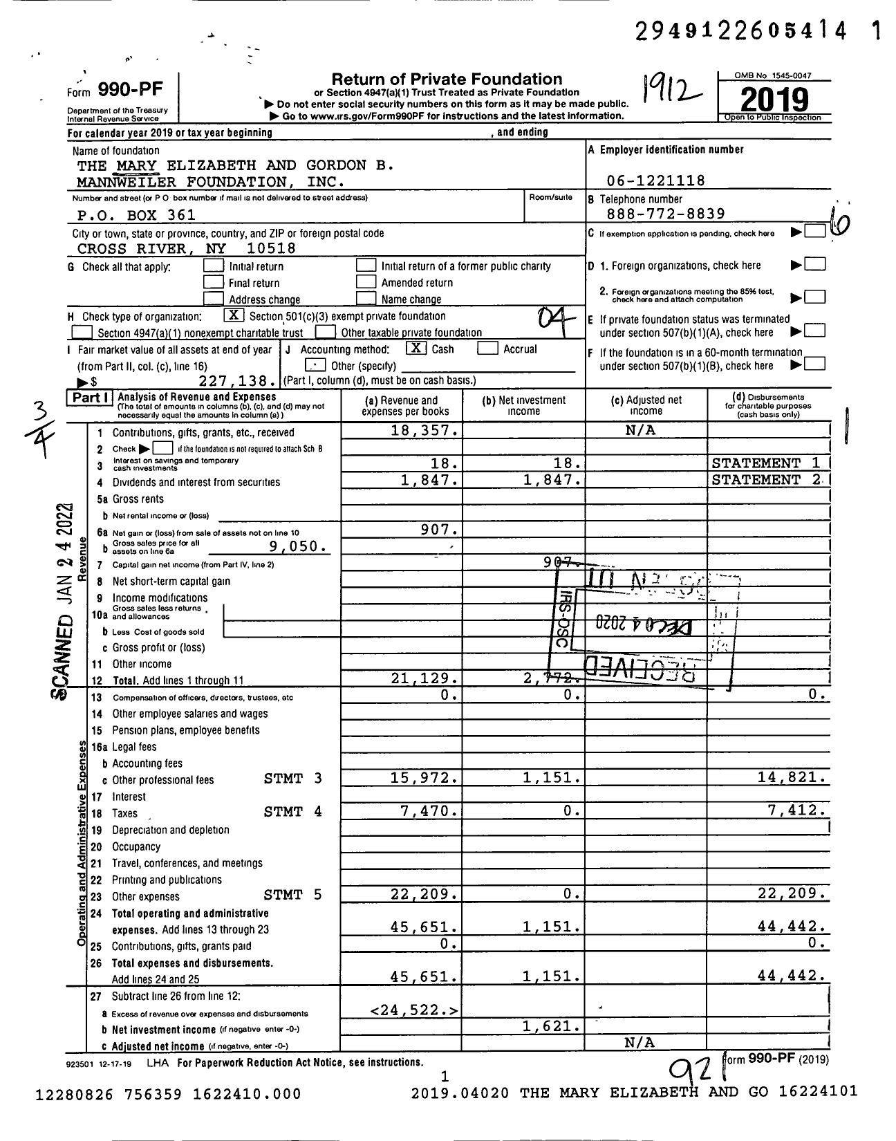 Image of first page of 2019 Form 990PF for The Mary Elizabeth and Gordon B Mannweiler Foundation