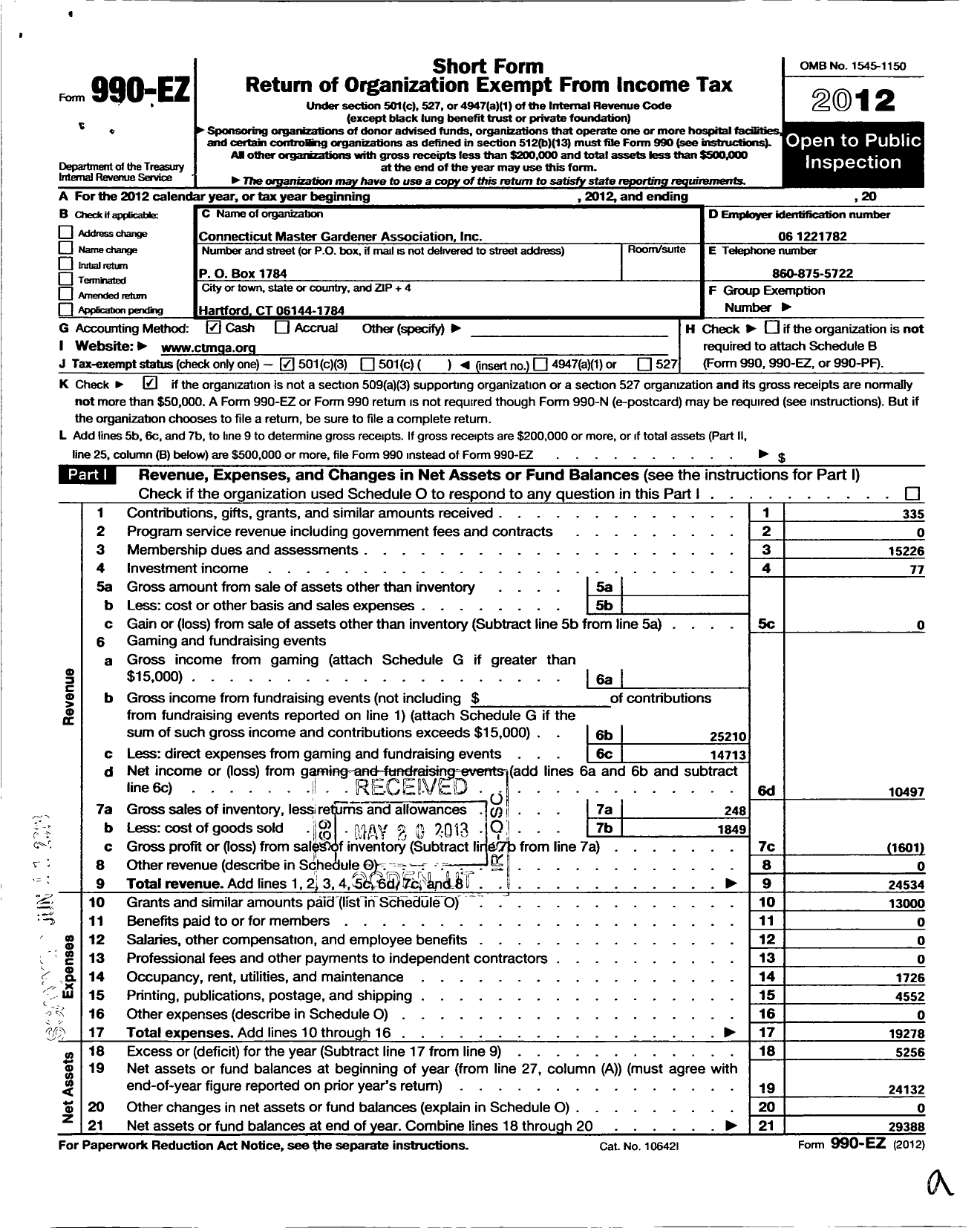 Image of first page of 2012 Form 990EZ for Connecticut Master Gardener Association