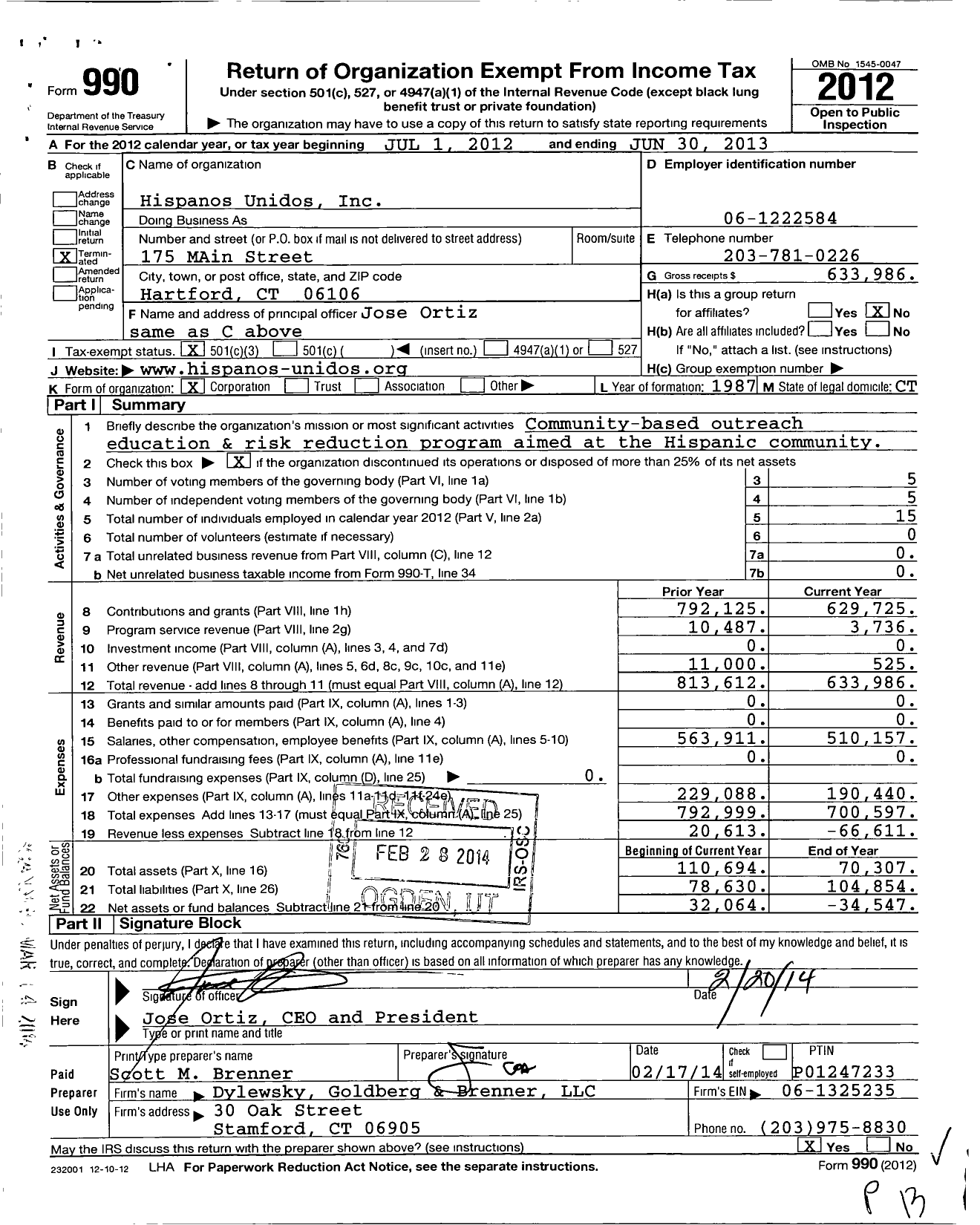 Image of first page of 2012 Form 990 for Hispanos Unidos