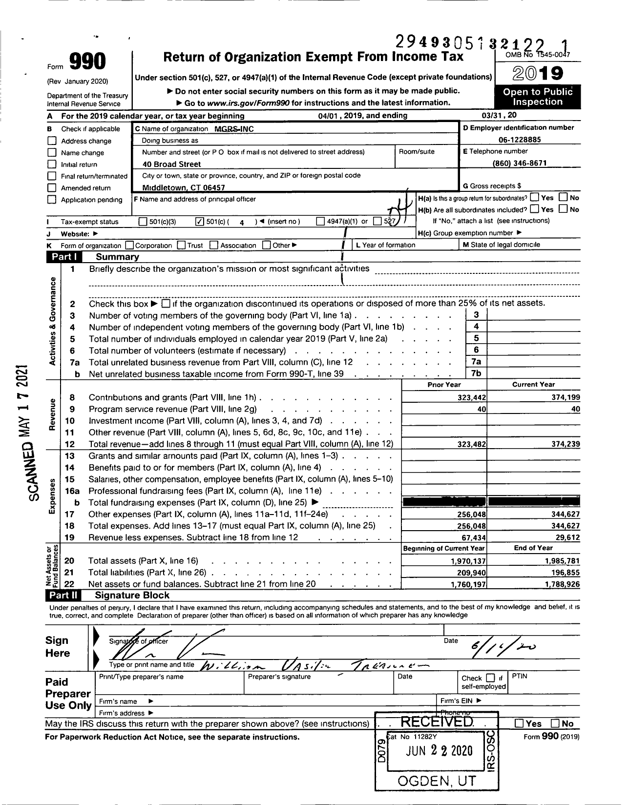 Image of first page of 2019 Form 990O for MGRS