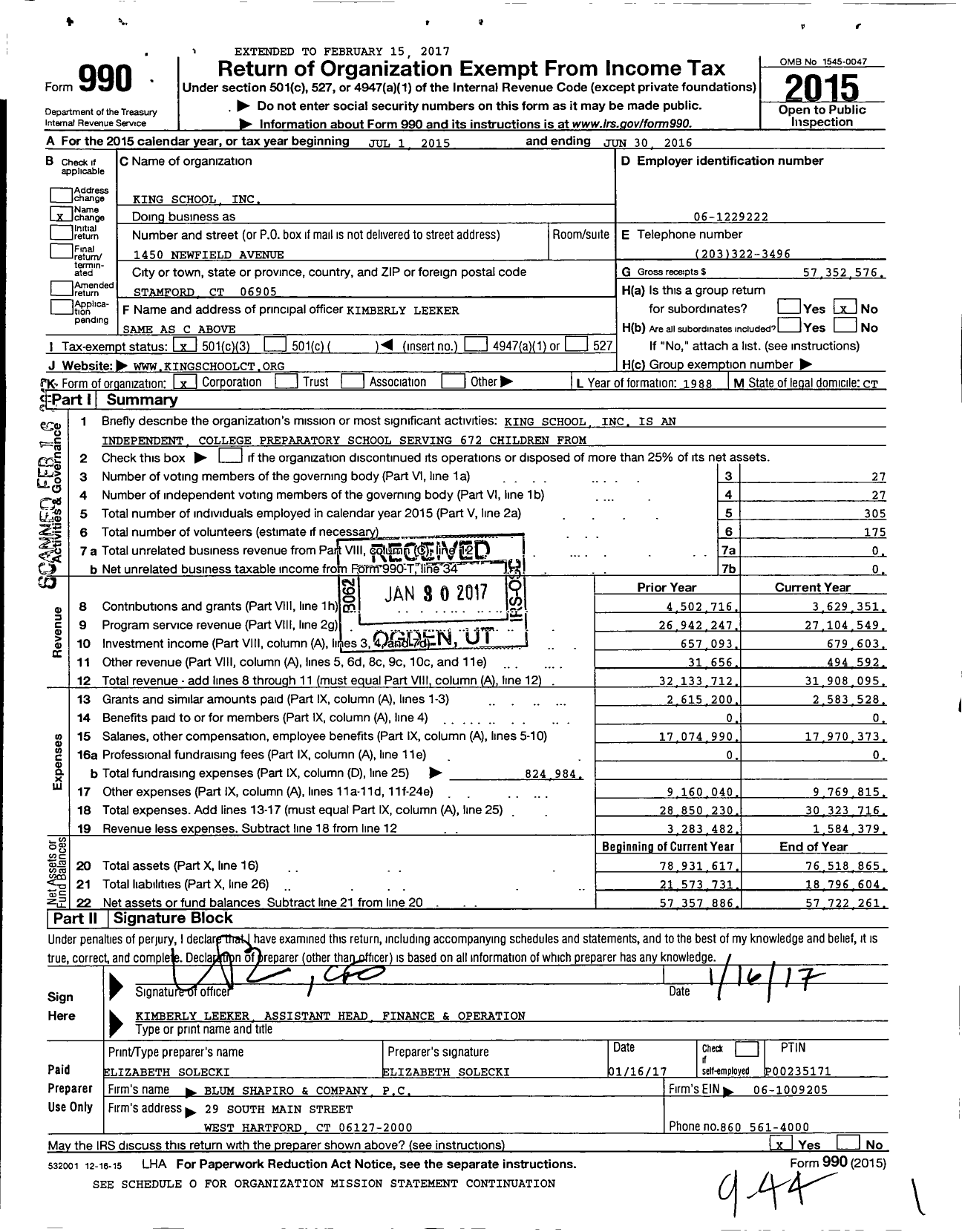 Image of first page of 2015 Form 990 for King School