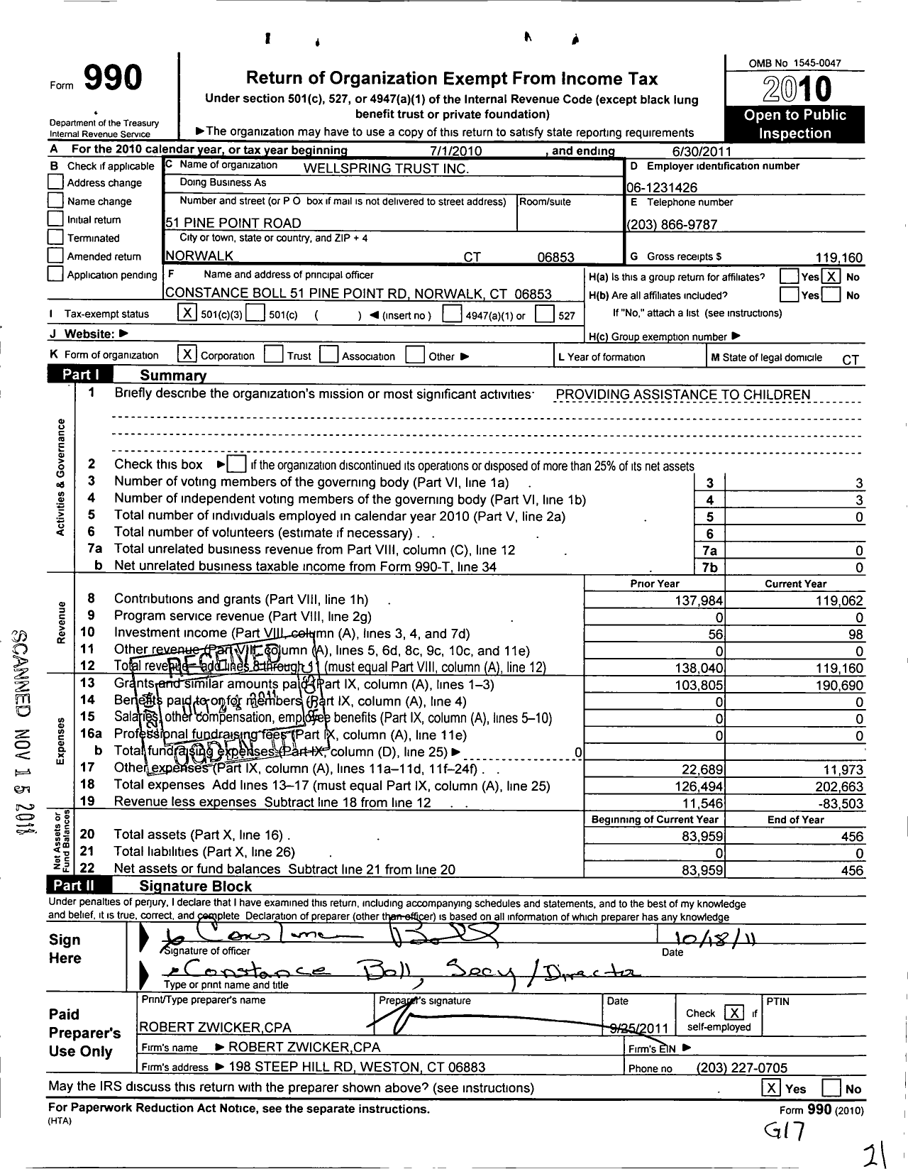 Image of first page of 2010 Form 990 for The Wellspring Trust