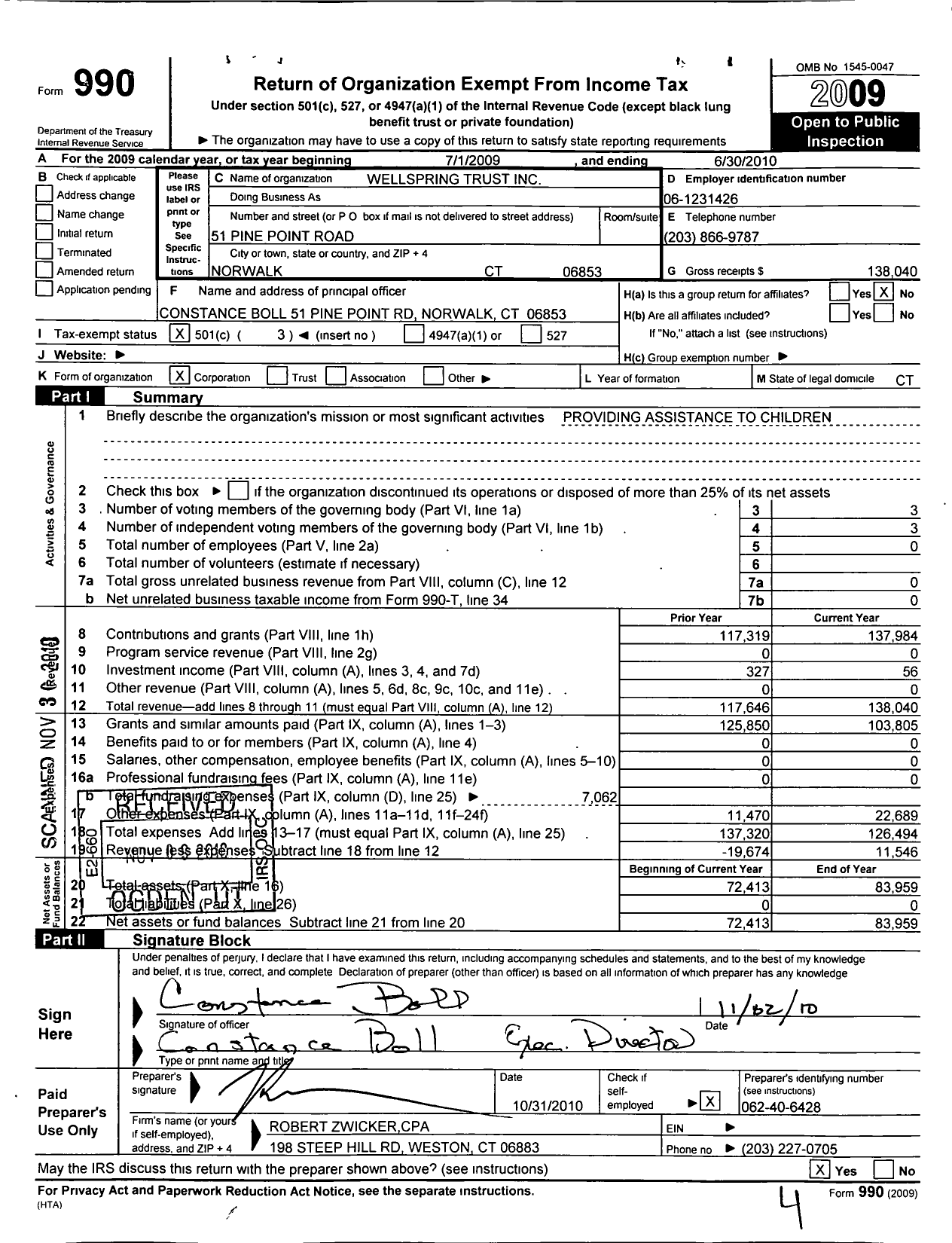 Image of first page of 2009 Form 990 for The Wellspring Trust