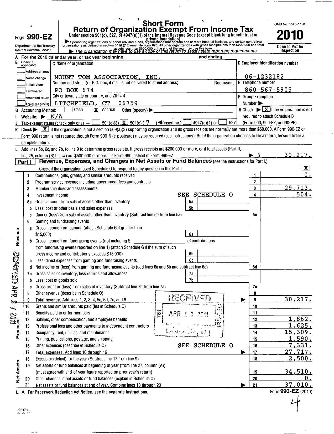 Image of first page of 2010 Form 990EO for Mount Tom Association