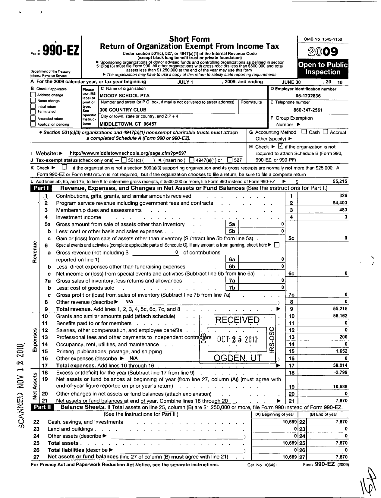 Image of first page of 2009 Form 990EO for CT PTA - Ptsa Connecticut