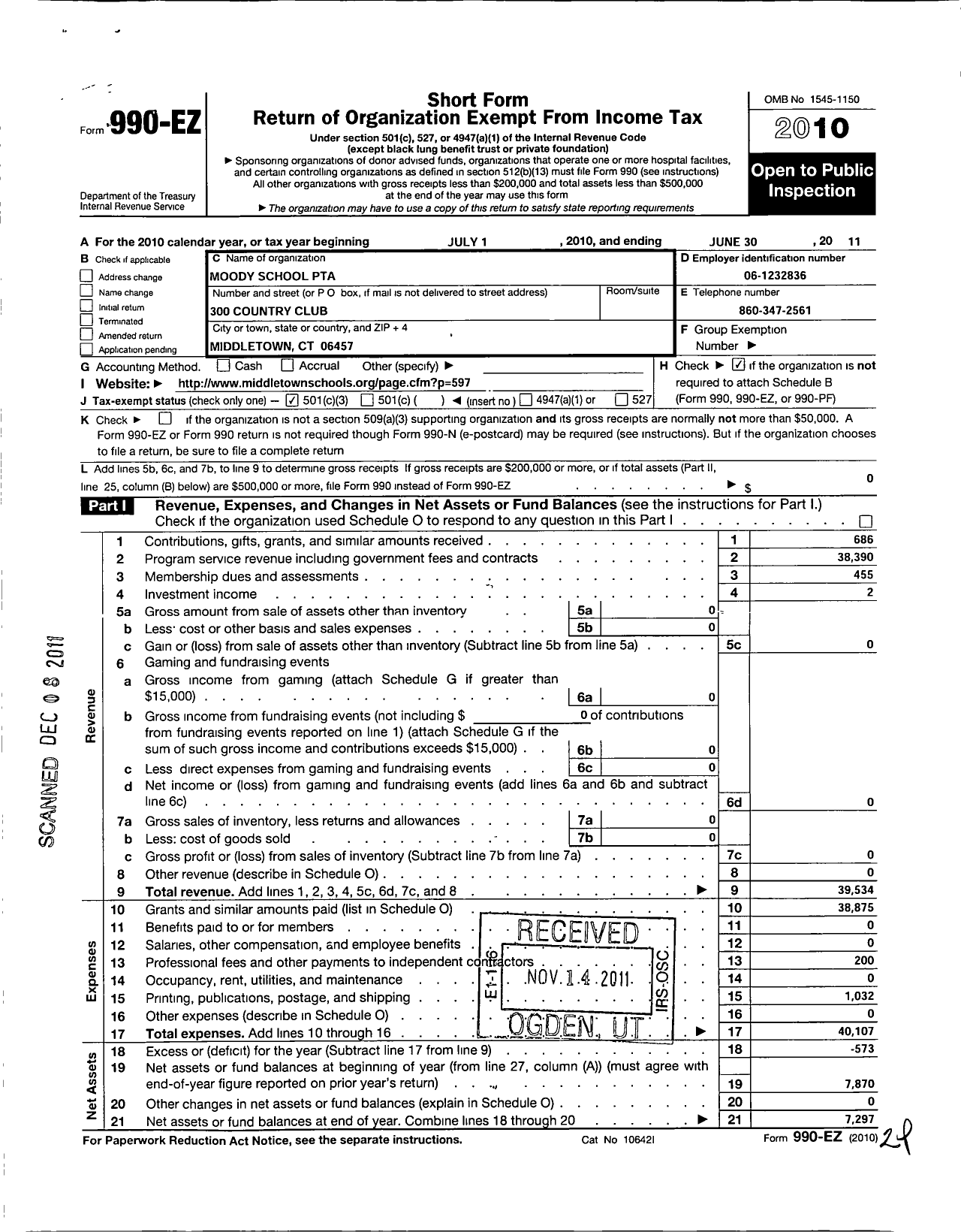 Image of first page of 2010 Form 990EZ for CT PTA - Ptsa Connecticut