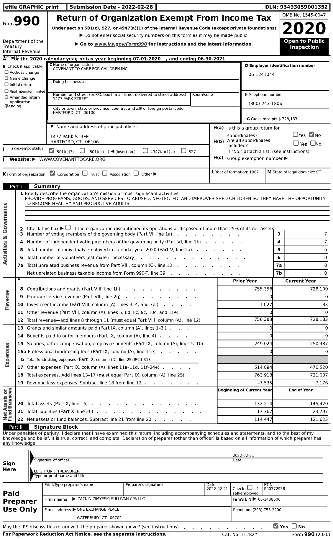 Image of first page of 2020 Form 990 for Covenant to Care for Children