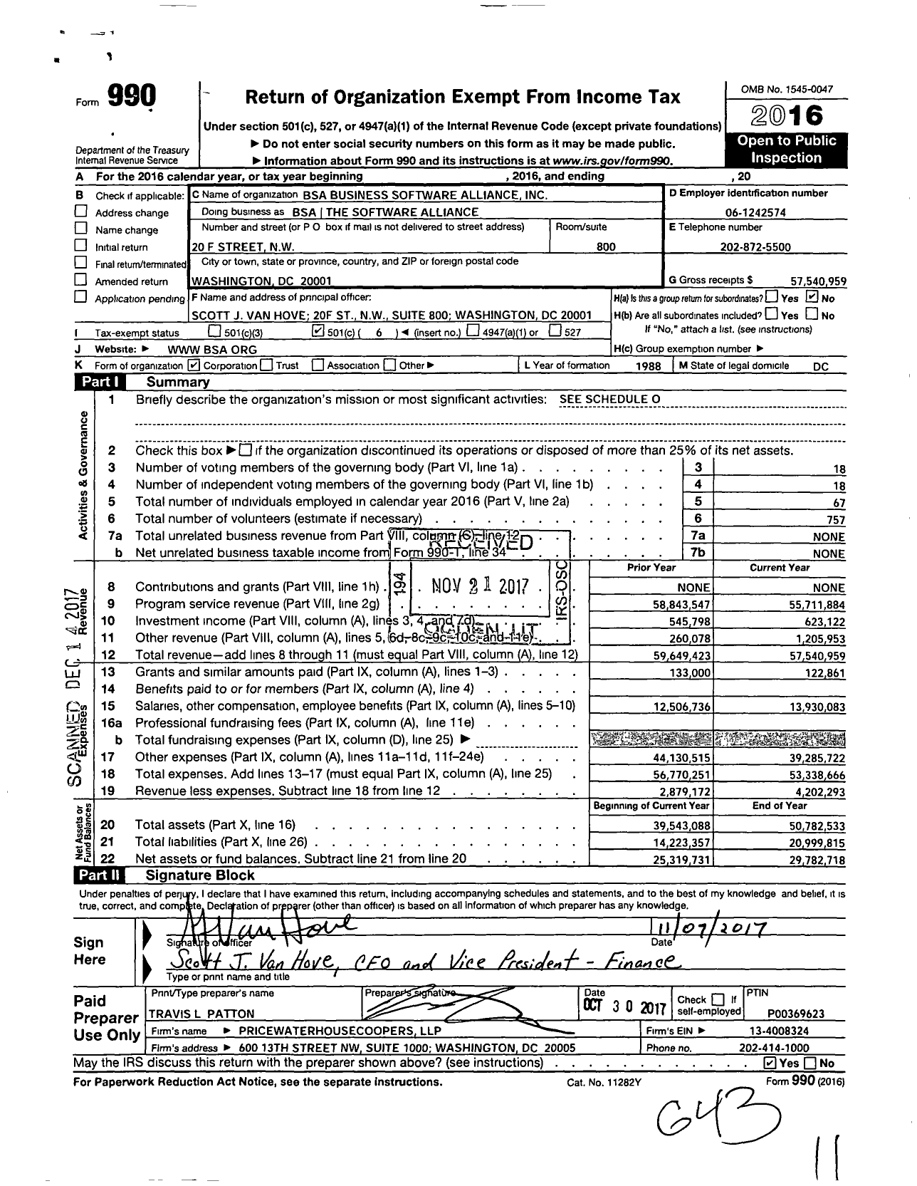 Image of first page of 2016 Form 990O for Bsa the Software Alliance (BSA)