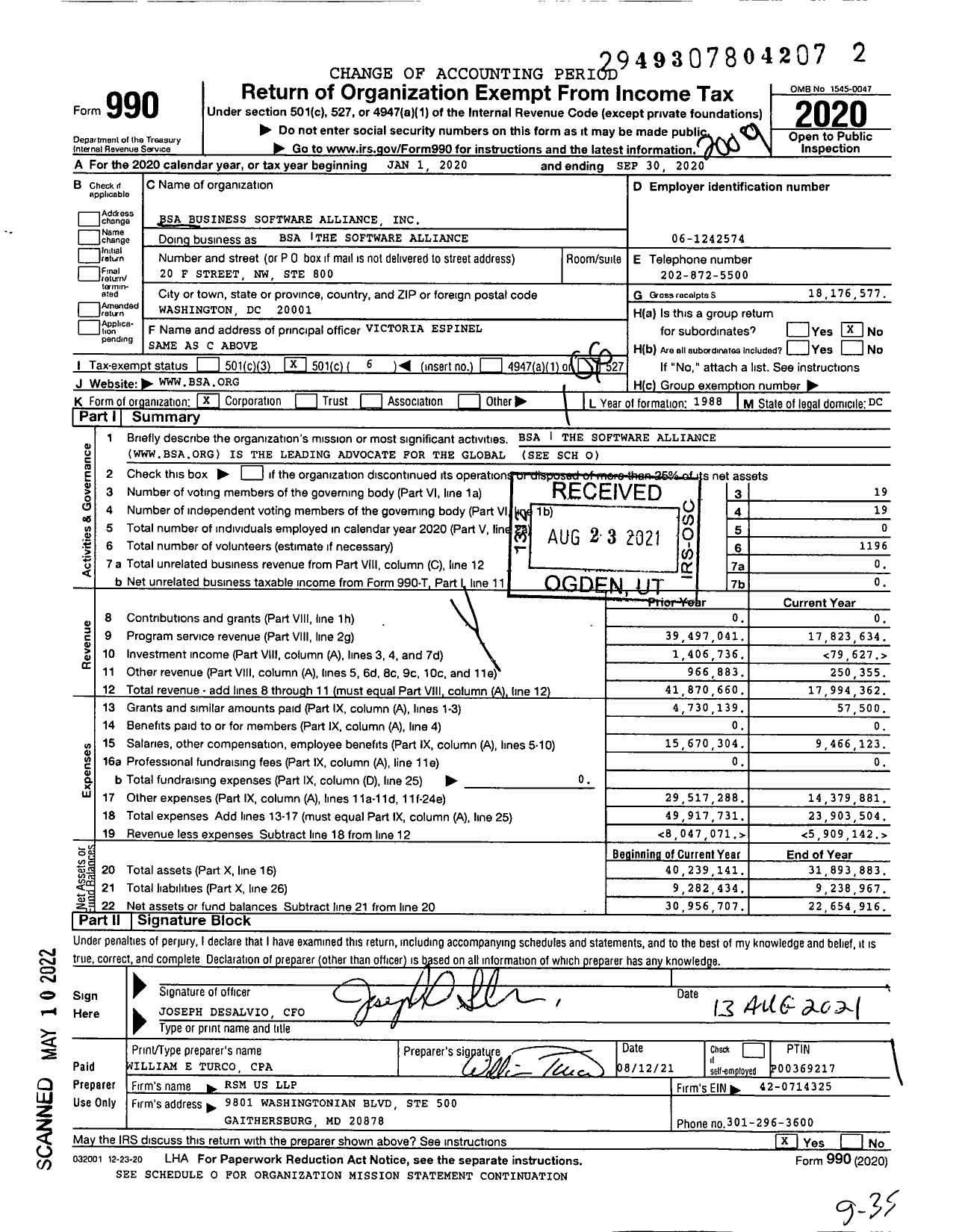 Image of first page of 2019 Form 990O for Bsa the Software Alliance (BSA)