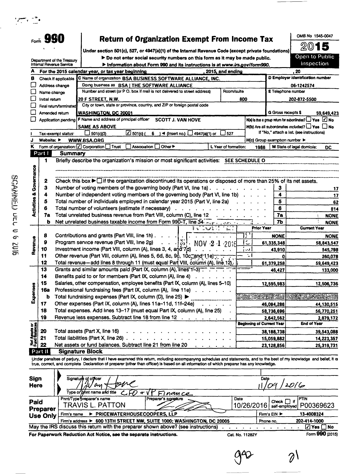 Image of first page of 2015 Form 990O for Bsa the Software Alliance (BSA)