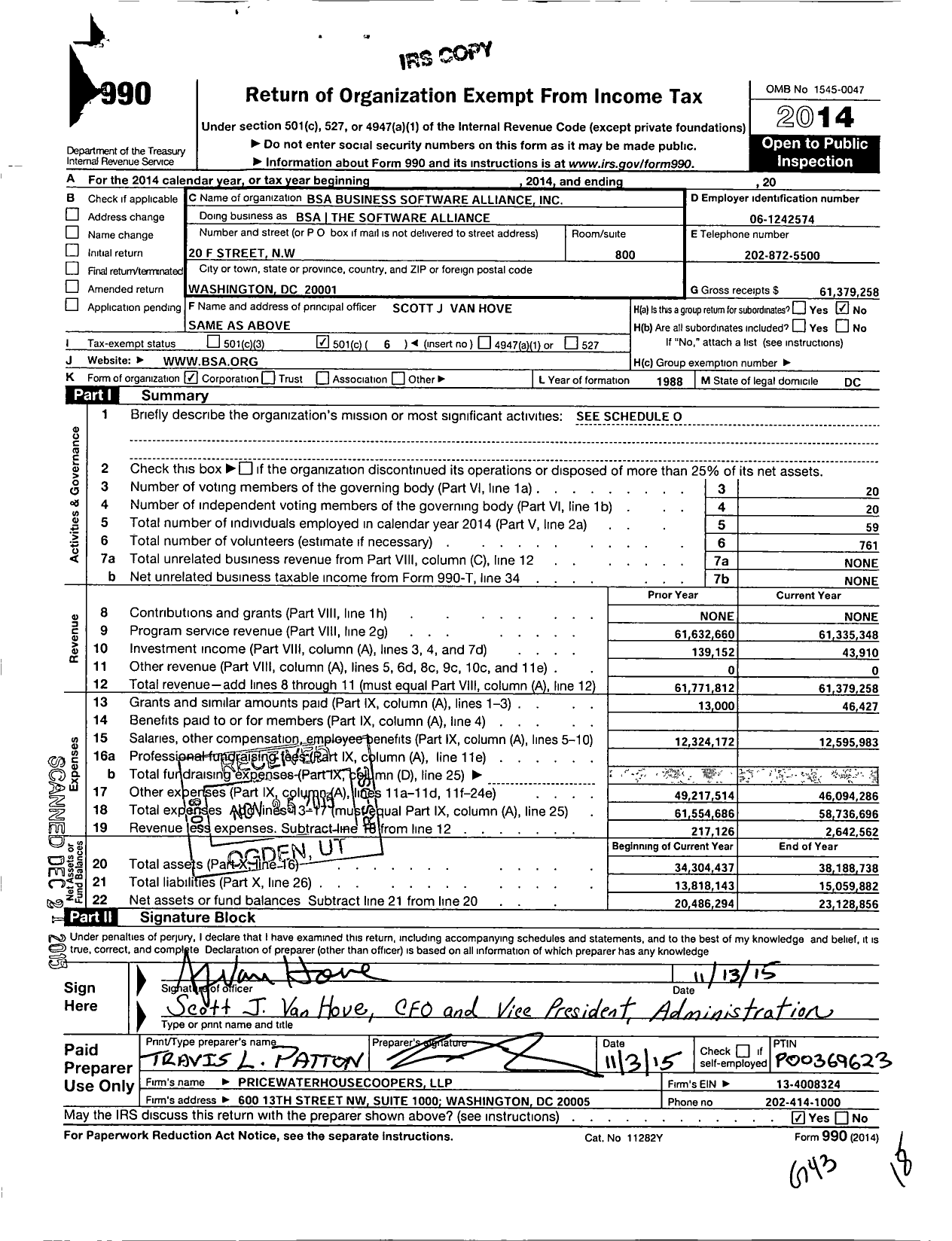 Image of first page of 2014 Form 990O for Bsa the Software Alliance (BSA)