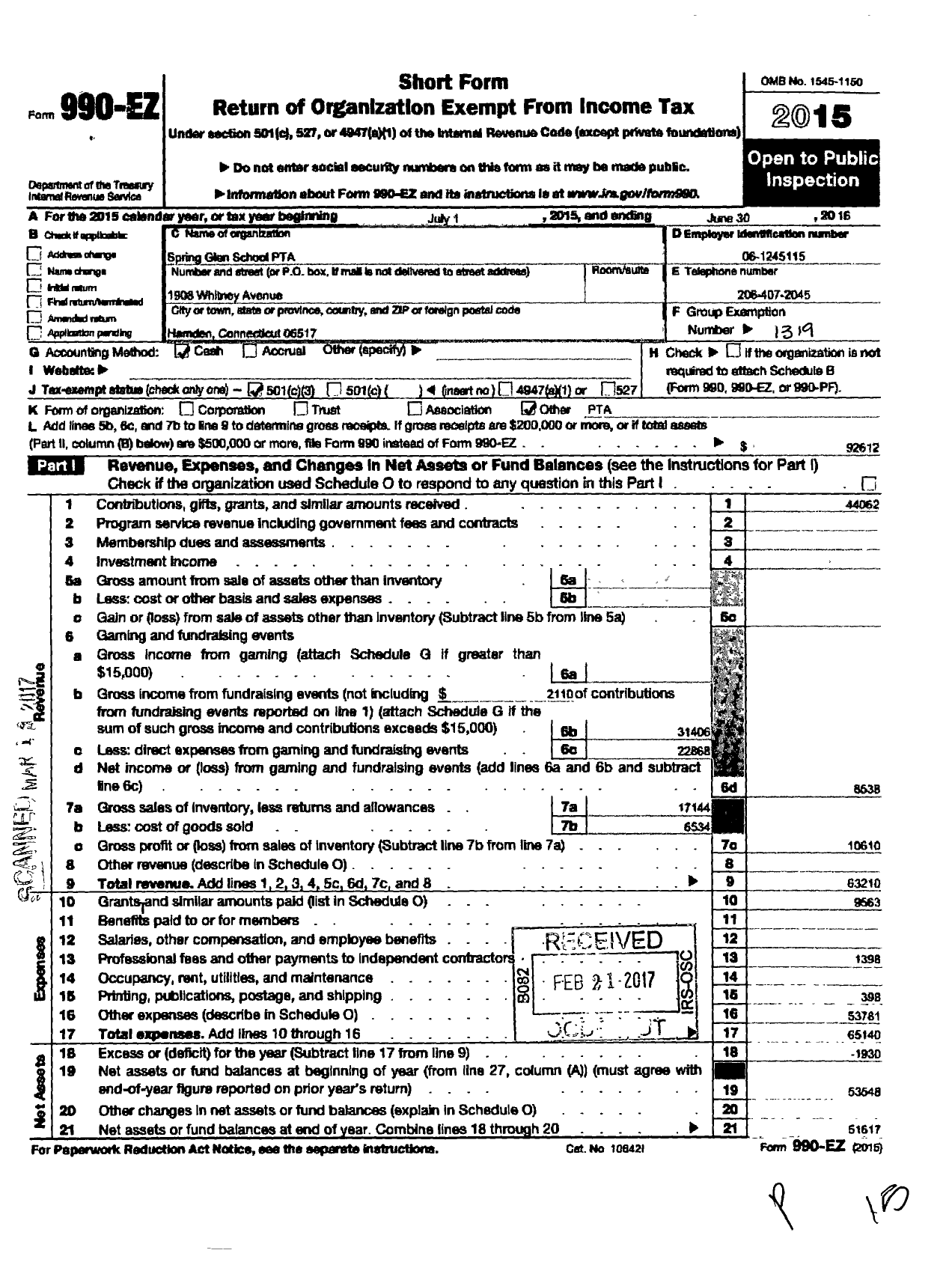 Image of first page of 2015 Form 990EZ for CT PTA - Spring Glen School PTA