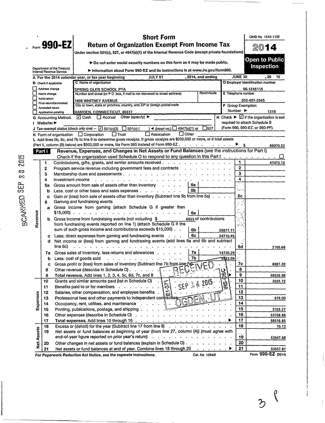 Image of first page of 2014 Form 990EZ for CT PTA - Spring Glen School PTA