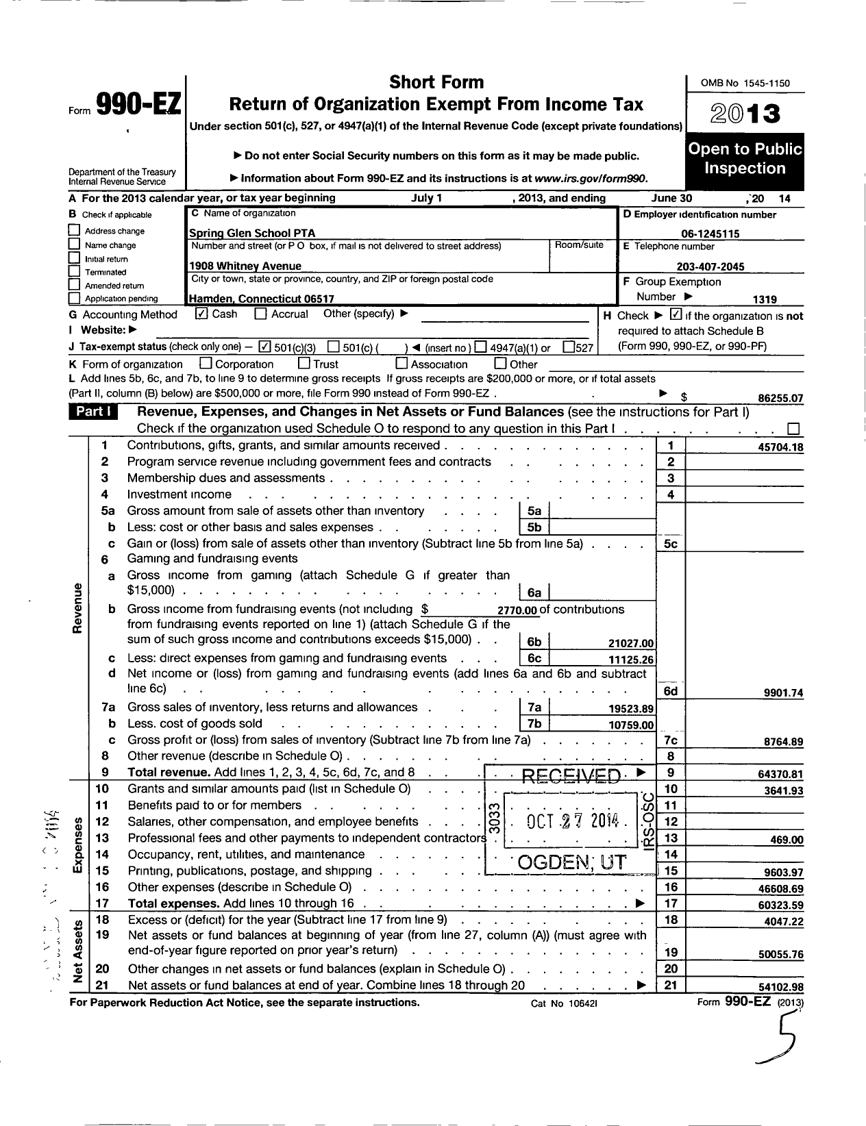 Image of first page of 2013 Form 990EZ for CT PTA - Spring Glen School PTA