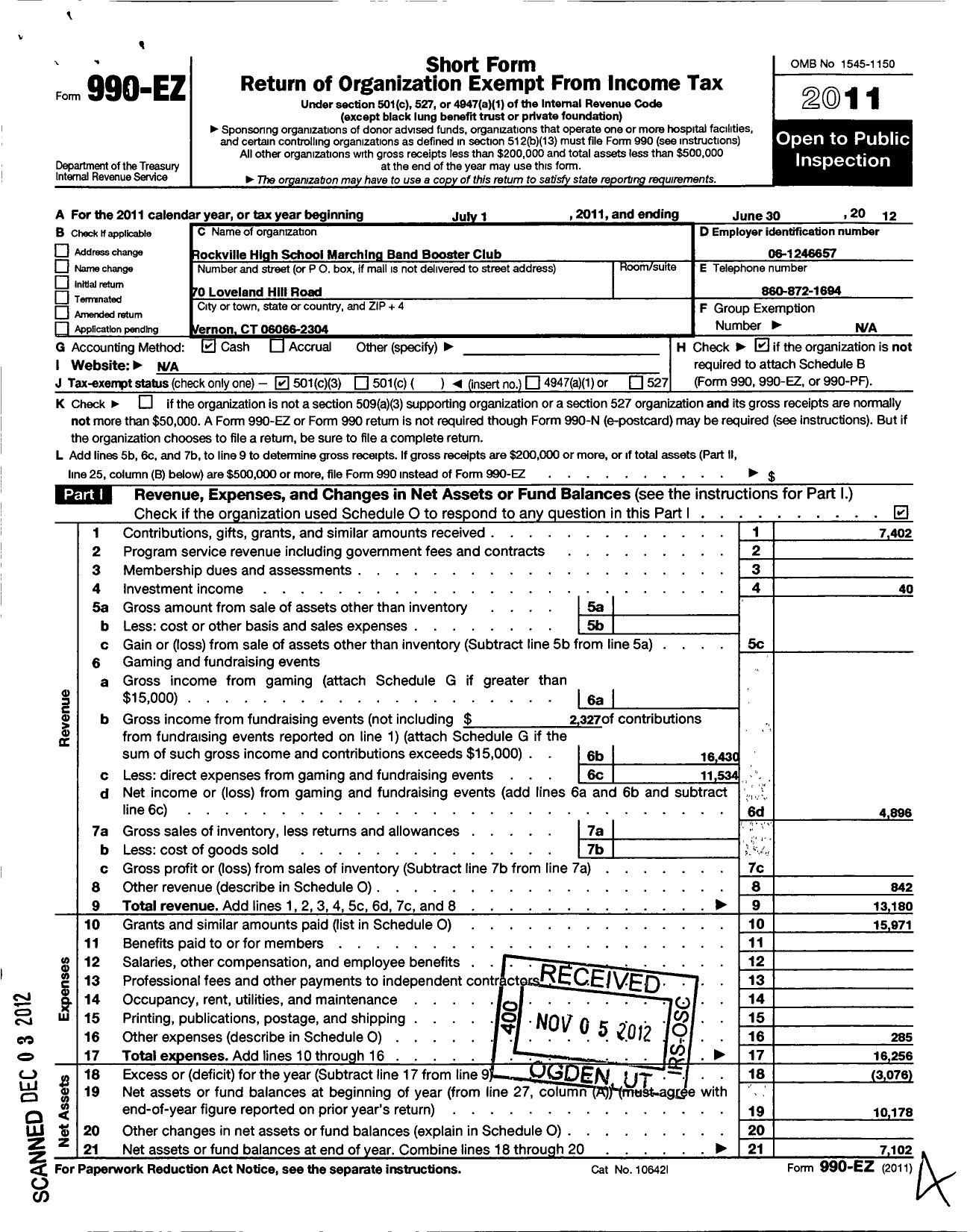 Image of first page of 2011 Form 990EZ for Rockville High School Marching Band Booster Club