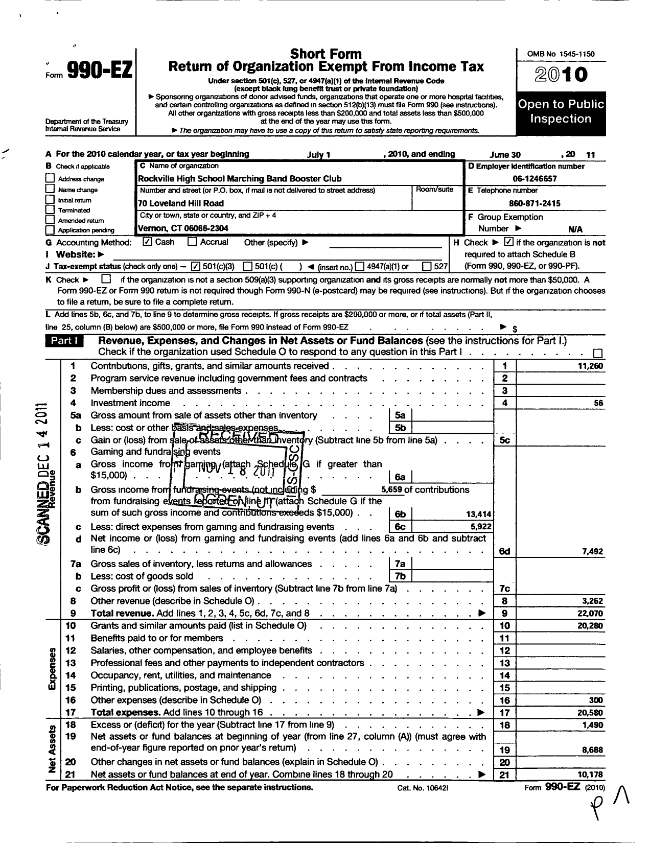 Image of first page of 2010 Form 990EZ for Rockville High School Marching Band Booster Club