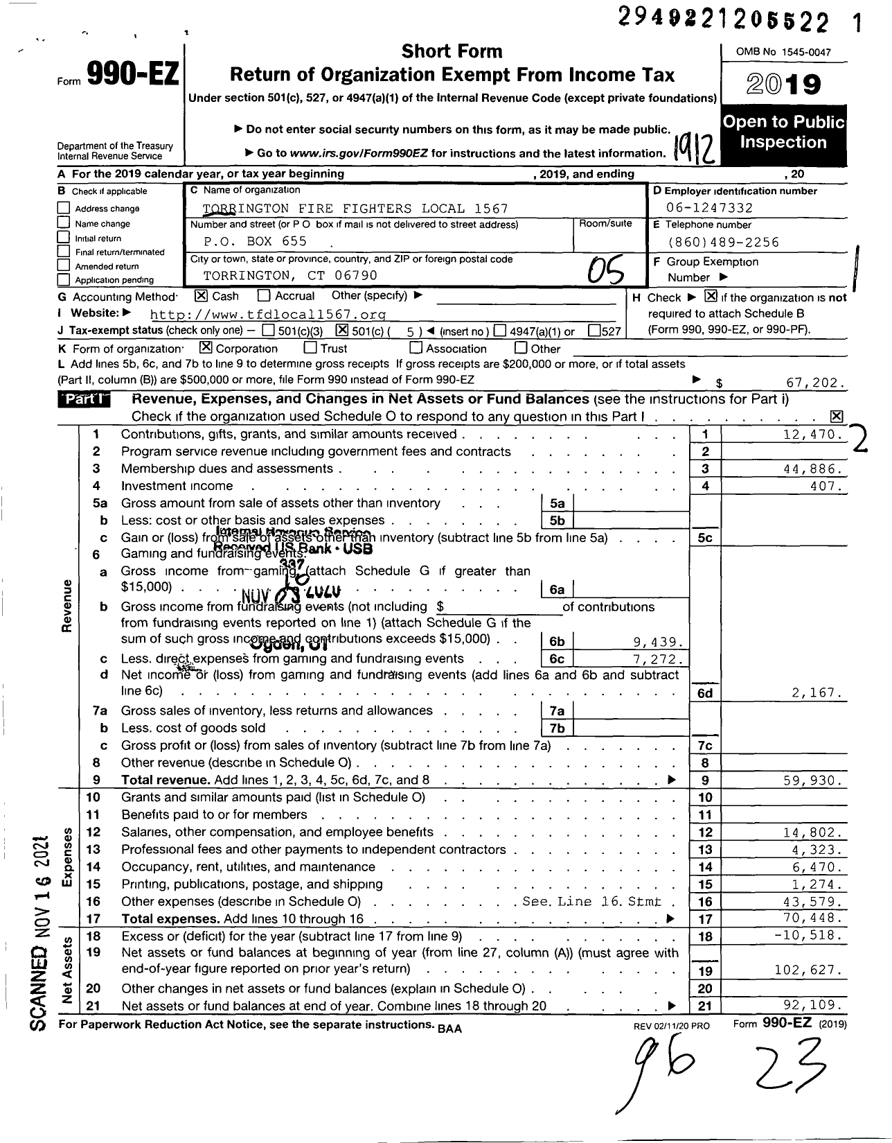 Image of first page of 2019 Form 990EO for Torrington Fire Fighters Local 1567