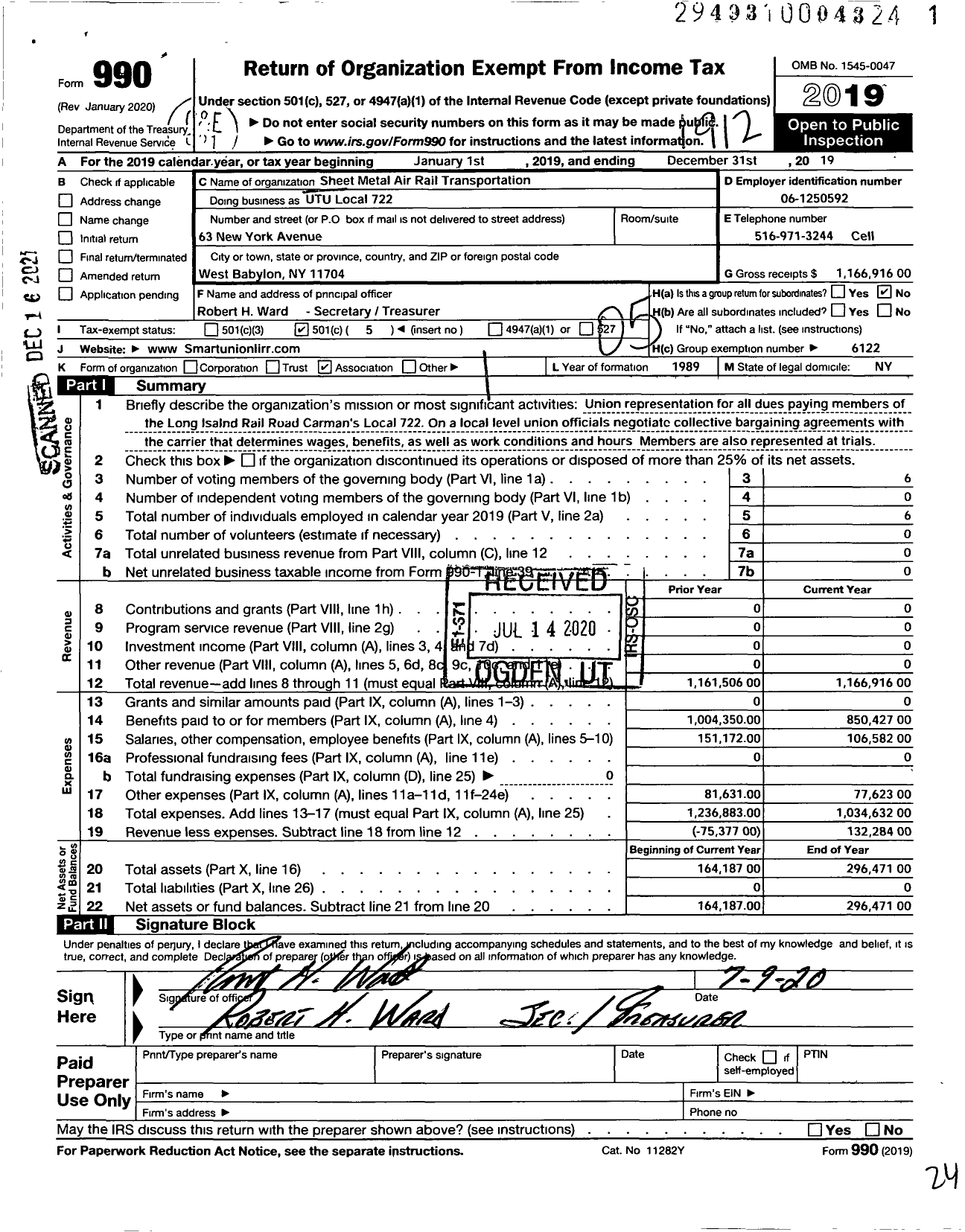 Image of first page of 2019 Form 990O for Smart Union - 722 TD