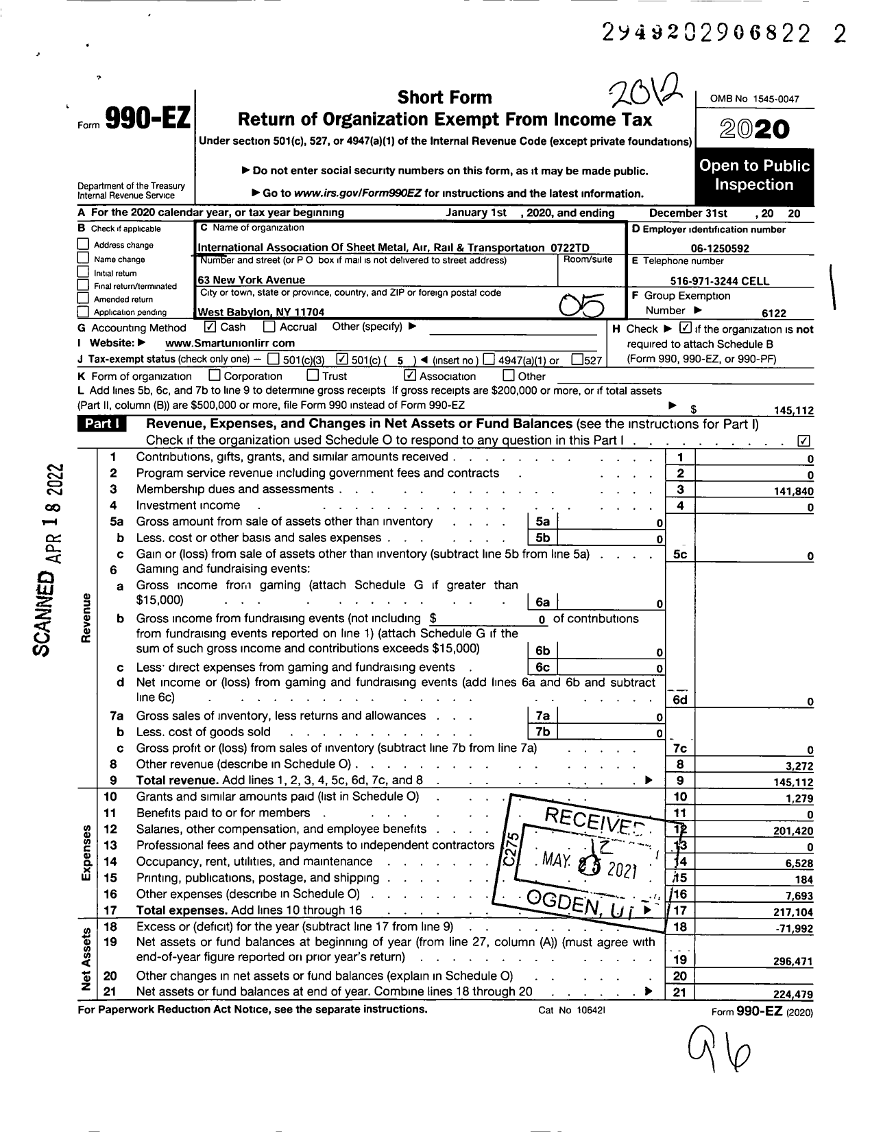 Image of first page of 2020 Form 990EO for Smart Union - 722 TD