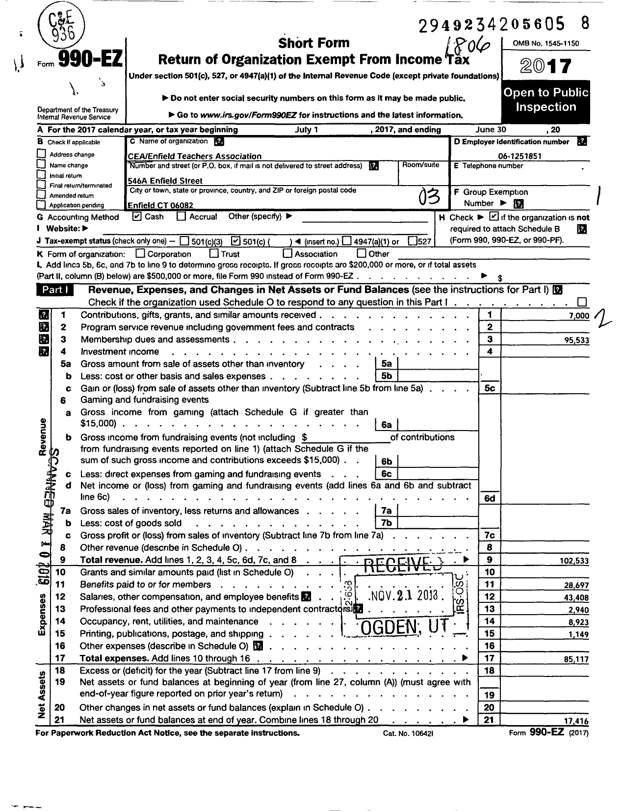 Image of first page of 2017 Form 990EZ for Connecticut Education Association - Enfield Teachers Association