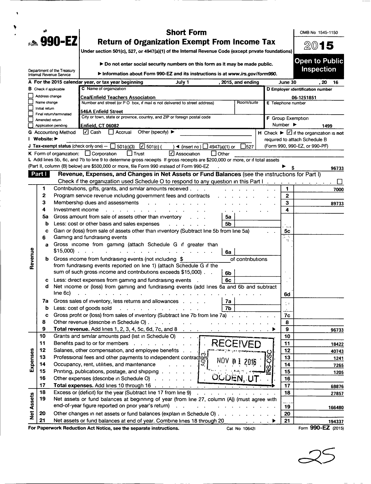 Image of first page of 2015 Form 990EO for Connecticut Education Association - Enfield Teachers Association