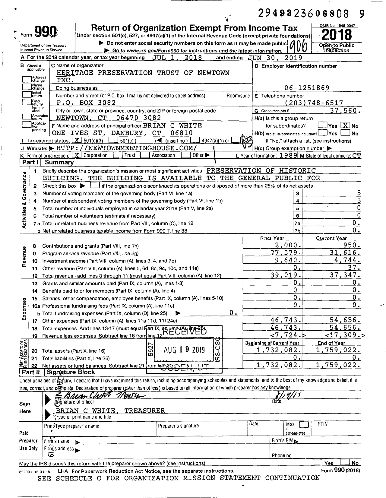 Image of first page of 2018 Form 990 for Heritage Preservation Trust of Newtown