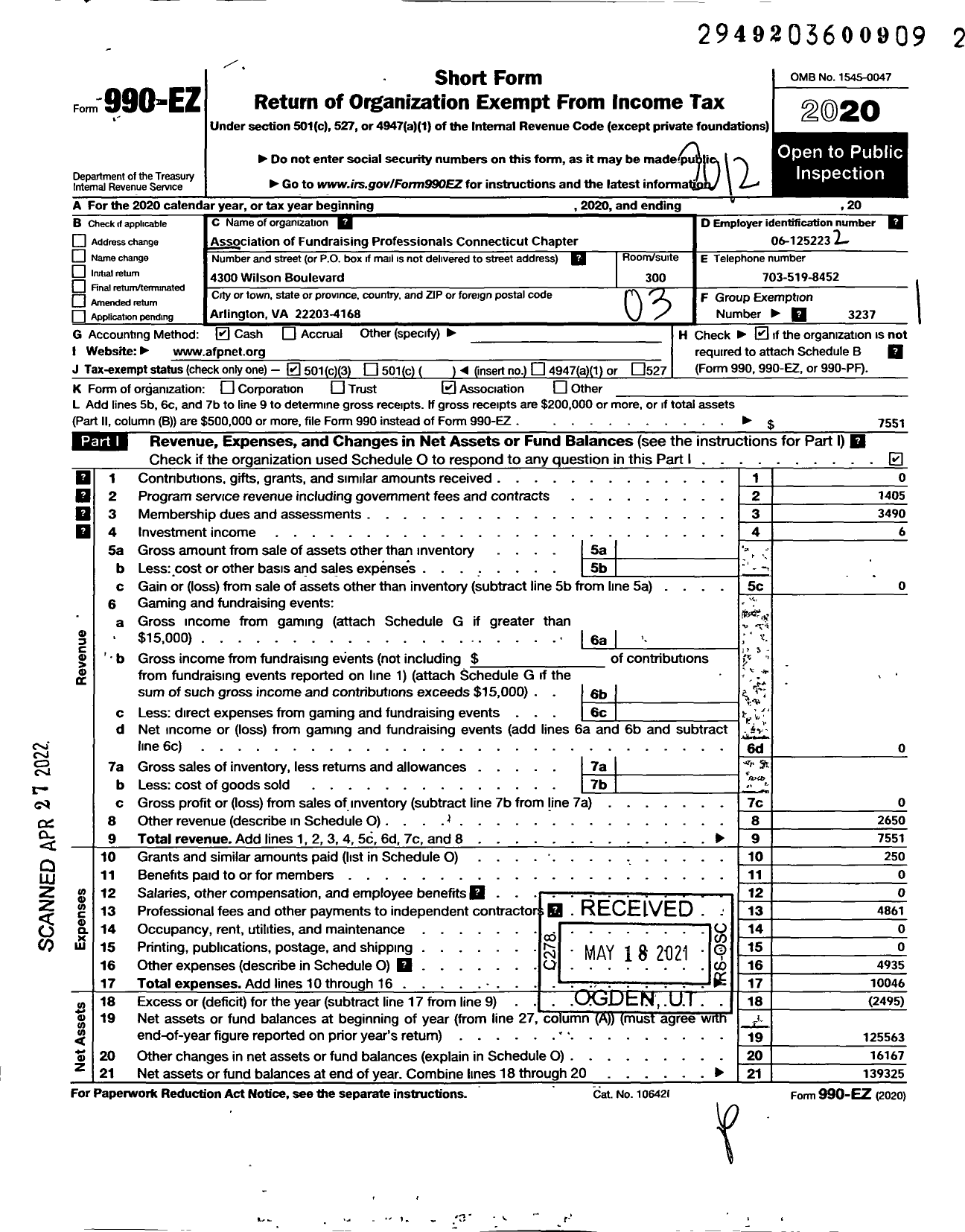 Image of first page of 2020 Form 990EZ for ASSOCIATION OF FUNDRAISING PROFESSIONALS - Ct-Connecticut Chapter