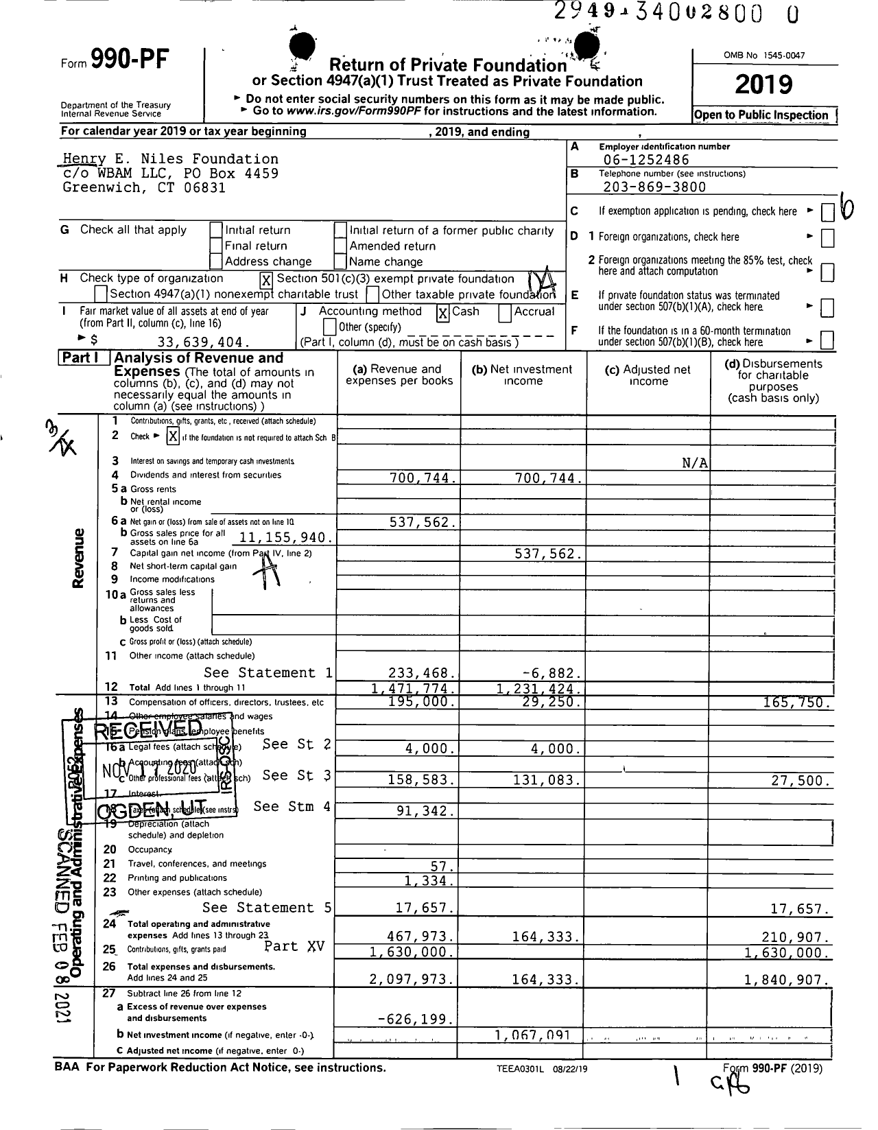 Image of first page of 2019 Form 990PF for Henry E Niles Foundation