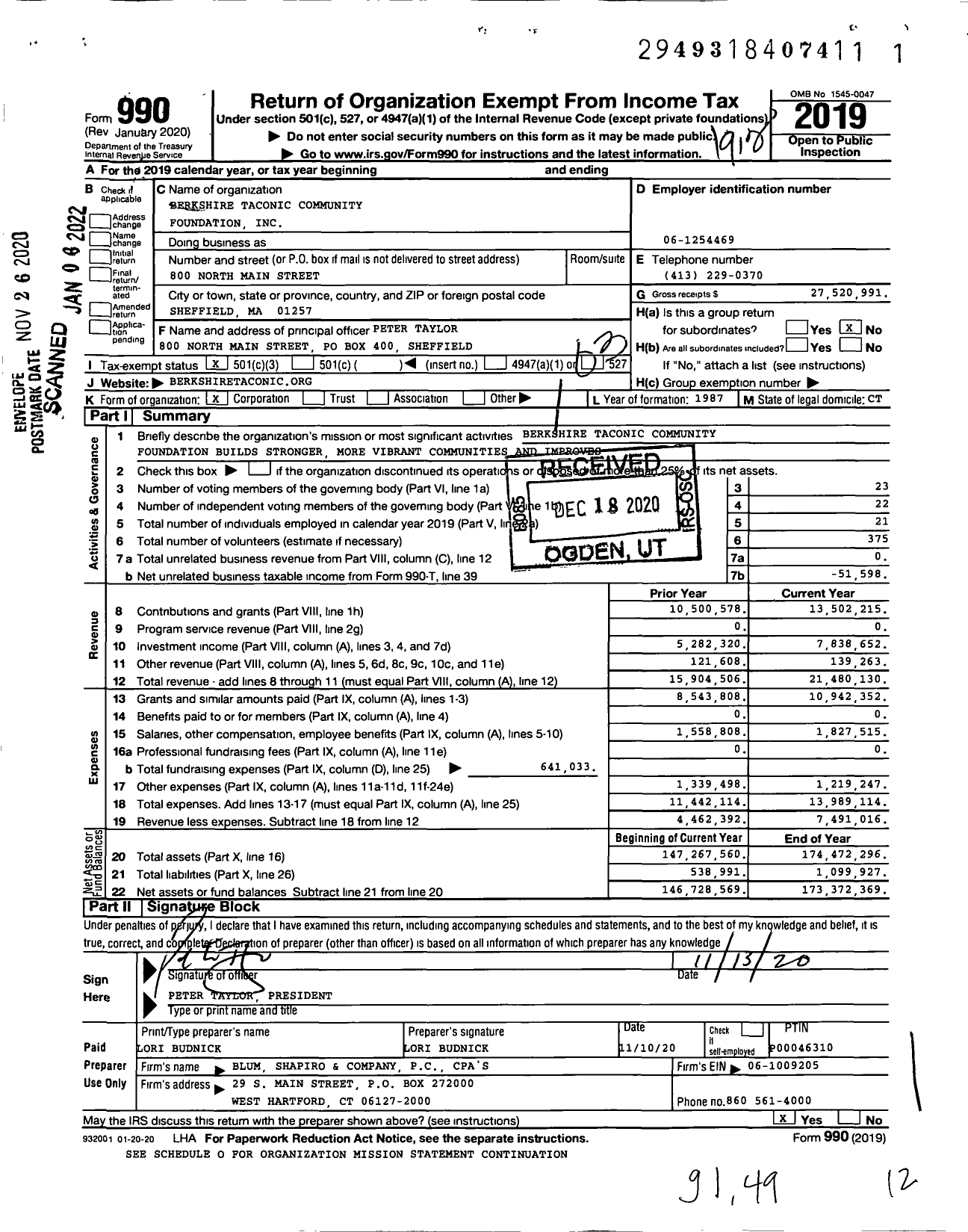 Image of first page of 2019 Form 990 for The Berkshire Taconic Community Foundation (BTCF)