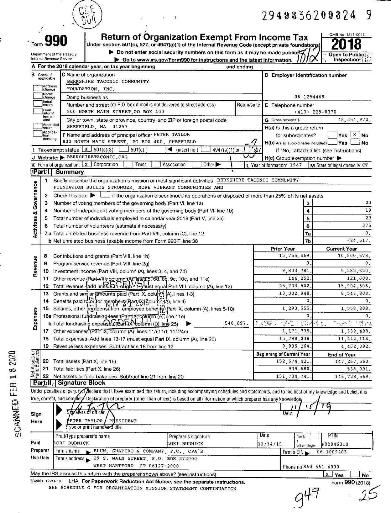 Image of first page of 2018 Form 990 for The Berkshire Taconic Community Foundation (BTCF)