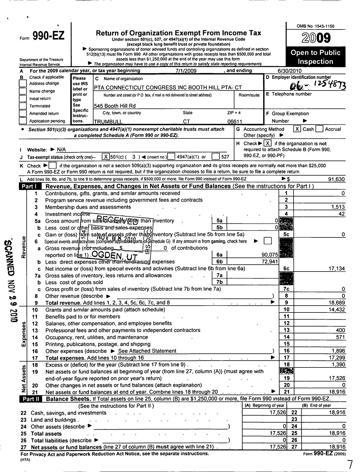 Image of first page of 2009 Form 990EZ for CT PTA - Booth Hill PTA