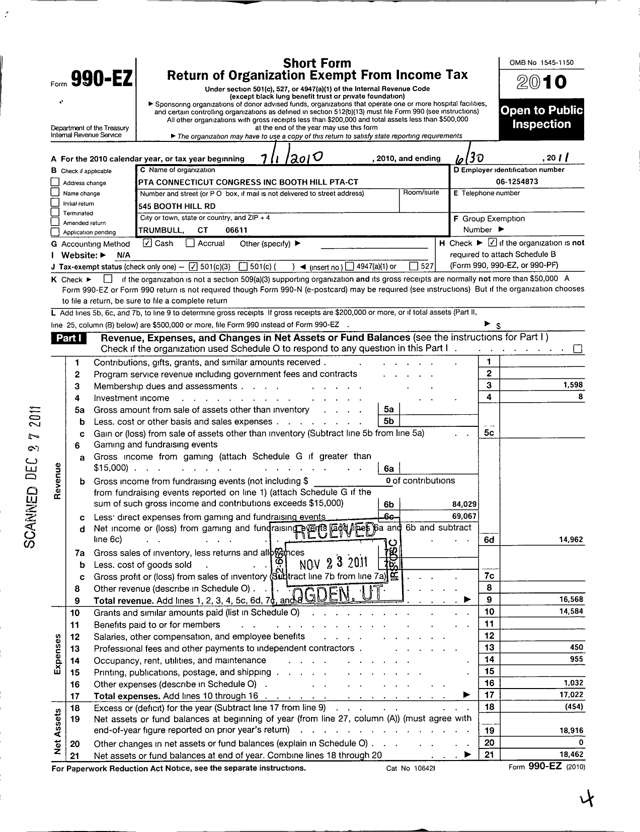 Image of first page of 2010 Form 990EZ for CT PTA - Booth Hill PTA