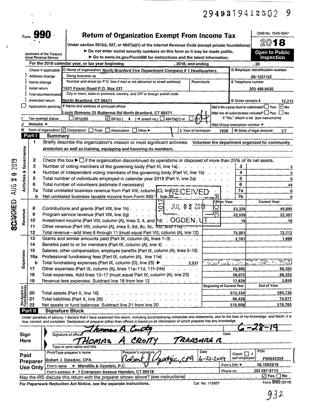 Image of first page of 2018 Form 990O for North Branford Fire Department Company 1 Headquarters