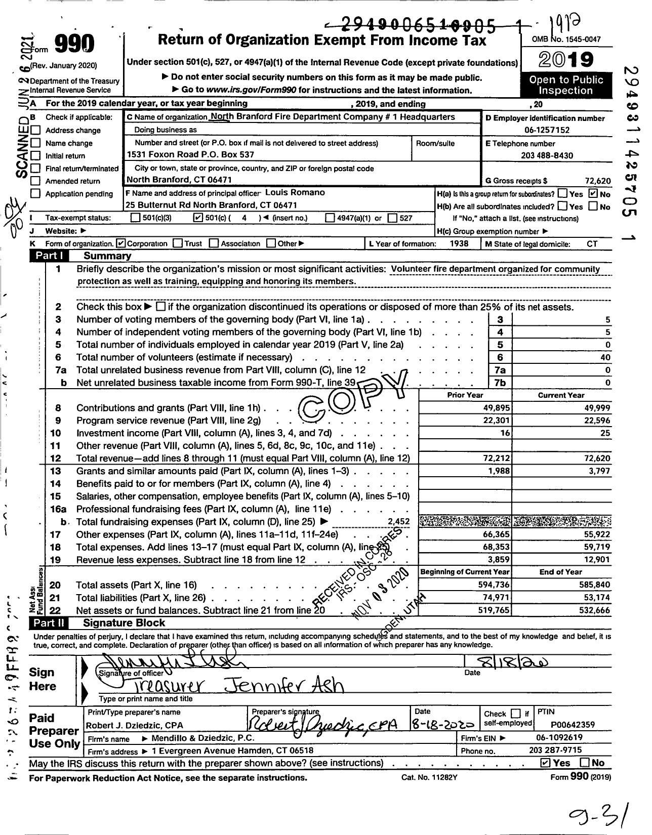 Image of first page of 2019 Form 990O for North Branford Fire Department Company 1 Headquarters