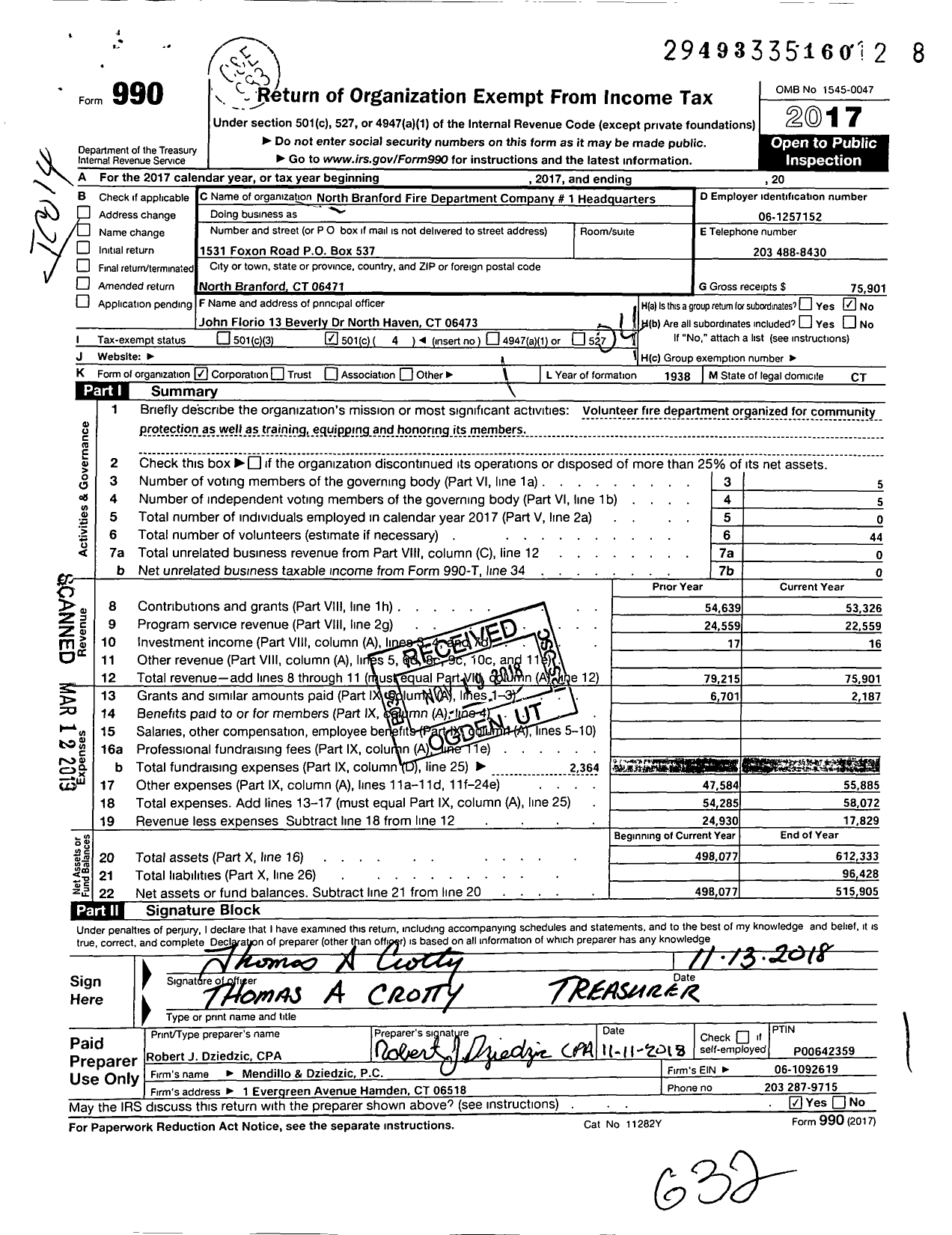 Image of first page of 2017 Form 990O for North Branford Fire Department Company 1 Headquarters